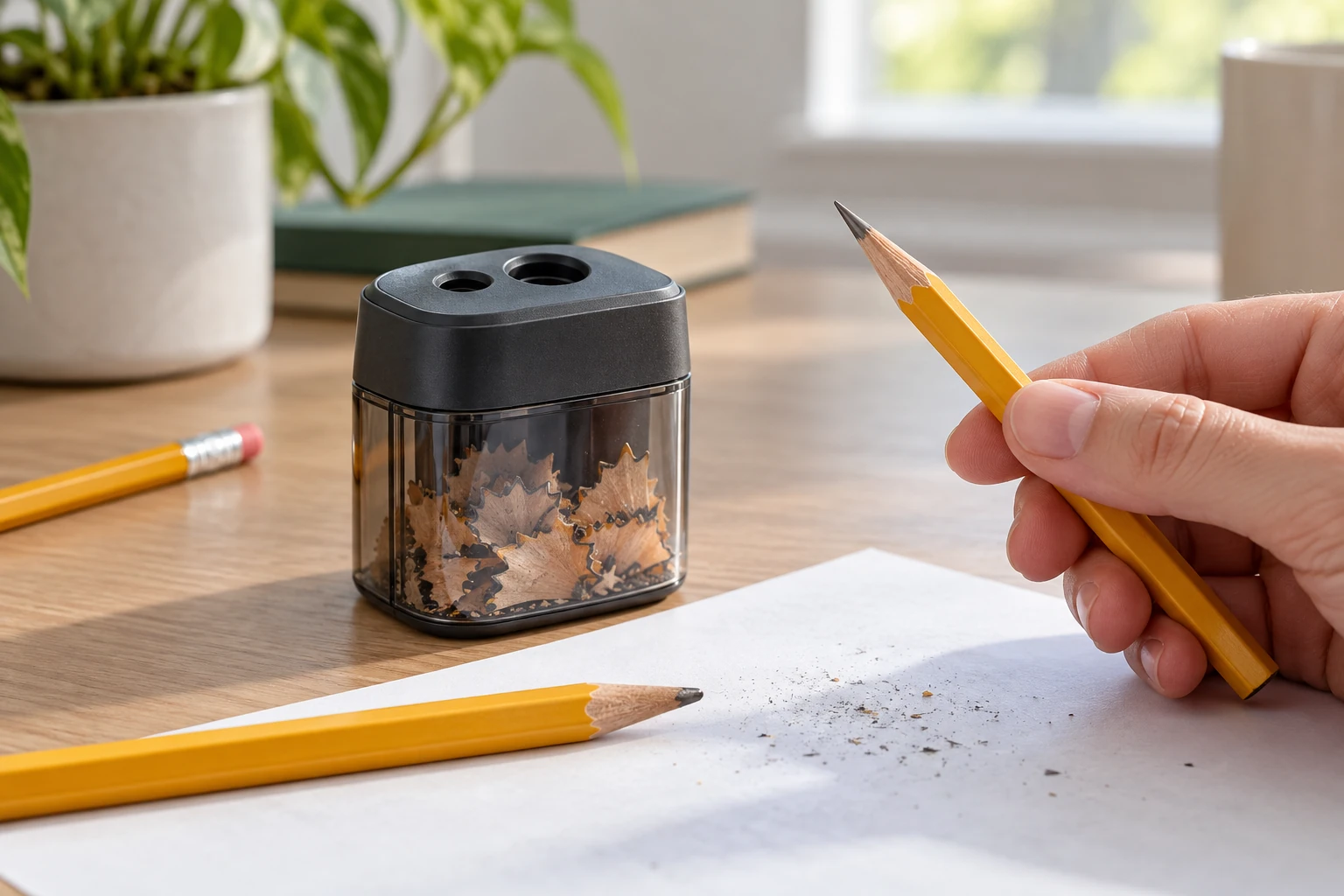 Manual pencil sharpener problem checked by comparing a sharpened pencil with a blunt pencil beside a covered two-hole sharpener and scrap paper.