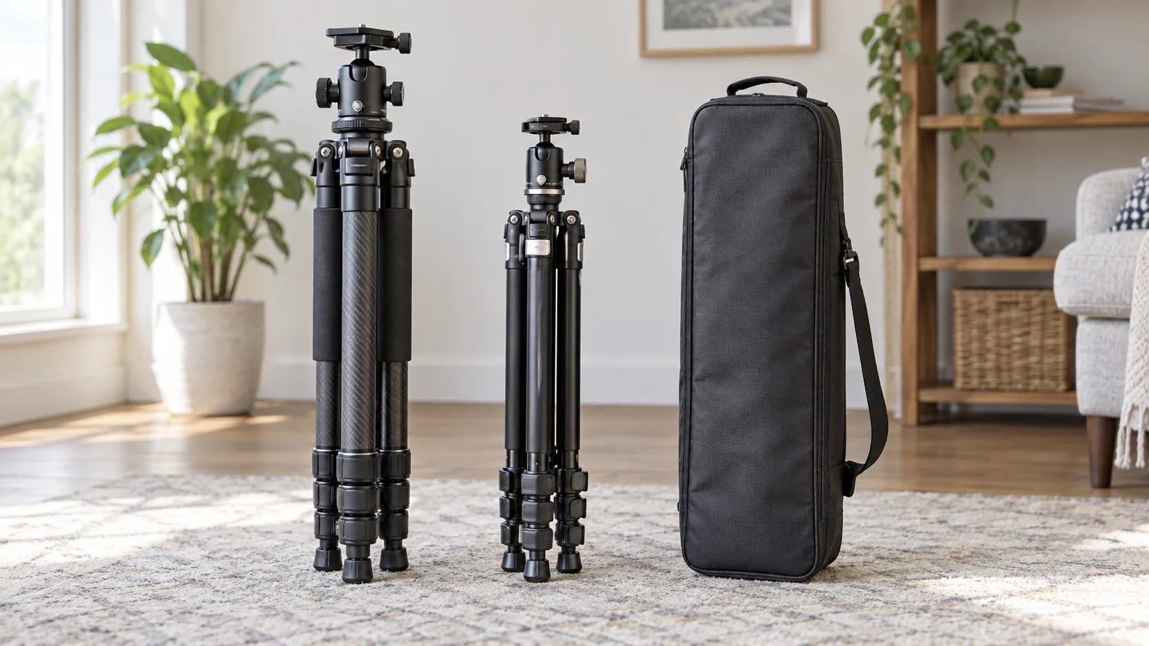 Camera tripod transport size illustrated by two complete generic folded supports beside a closed carrier; the scene shows invented equipment, not exact retail packages.