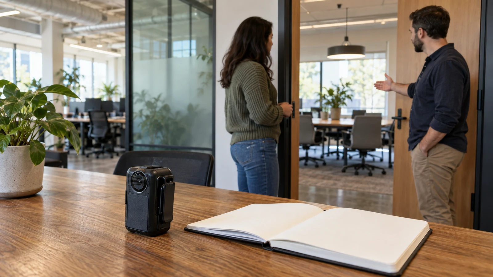 body camera recording boundaries: A body camera and open notebook sit on a table near two adults beside an office doorway.