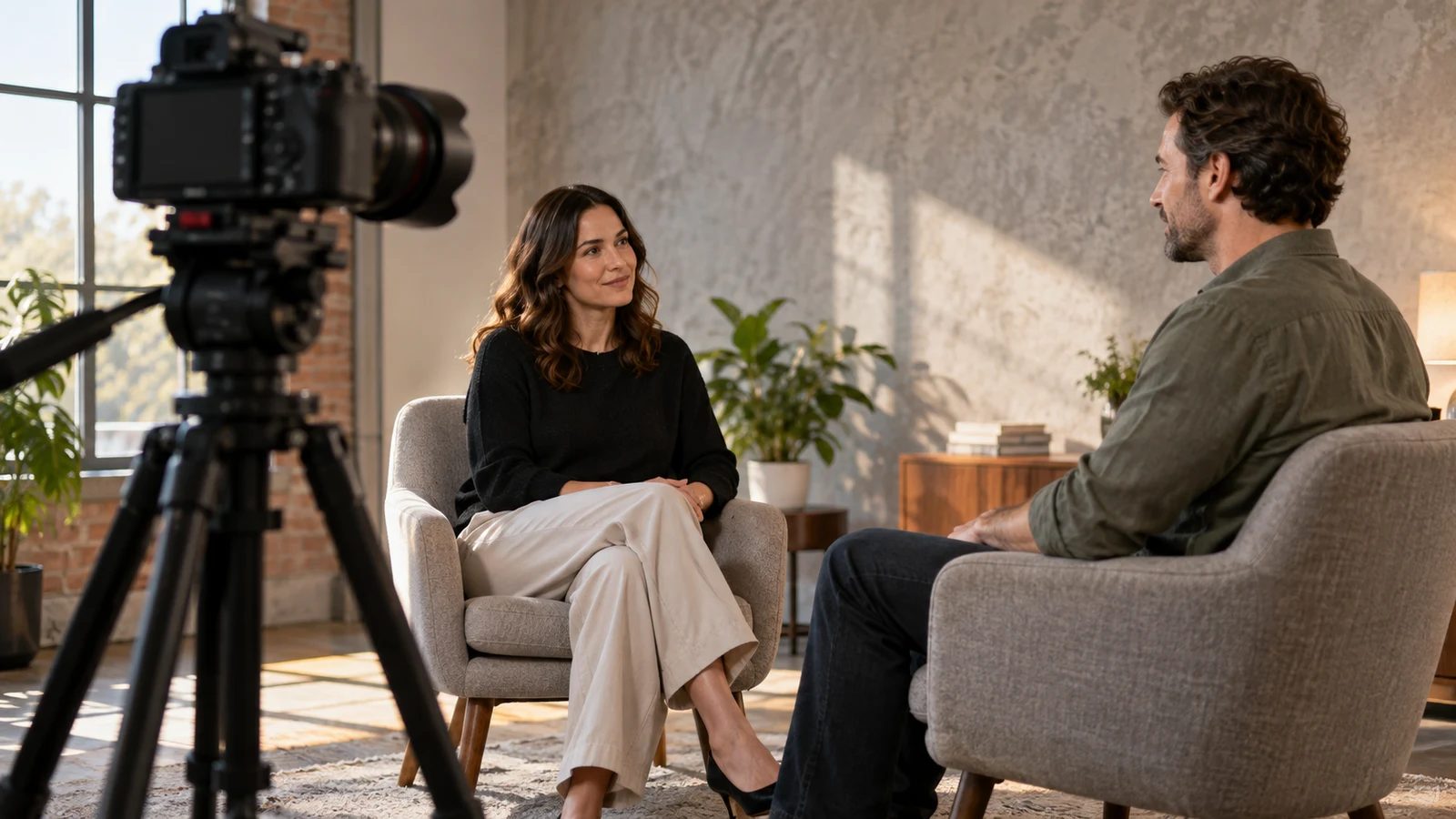 interview camera framing: Two adults sit facing each other in upholstered chairs beside a camera on a tripod.