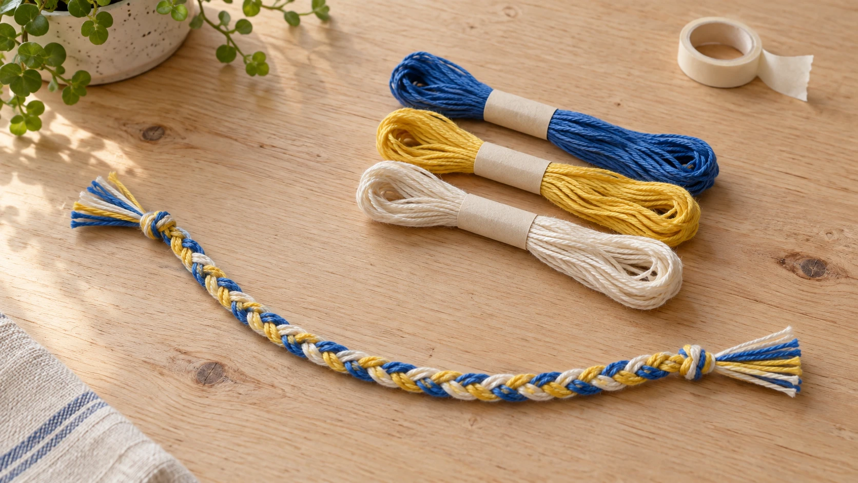 Materials to braid a friendship bracelet, with three whole generic floss skeins and a complete unfastened braid.