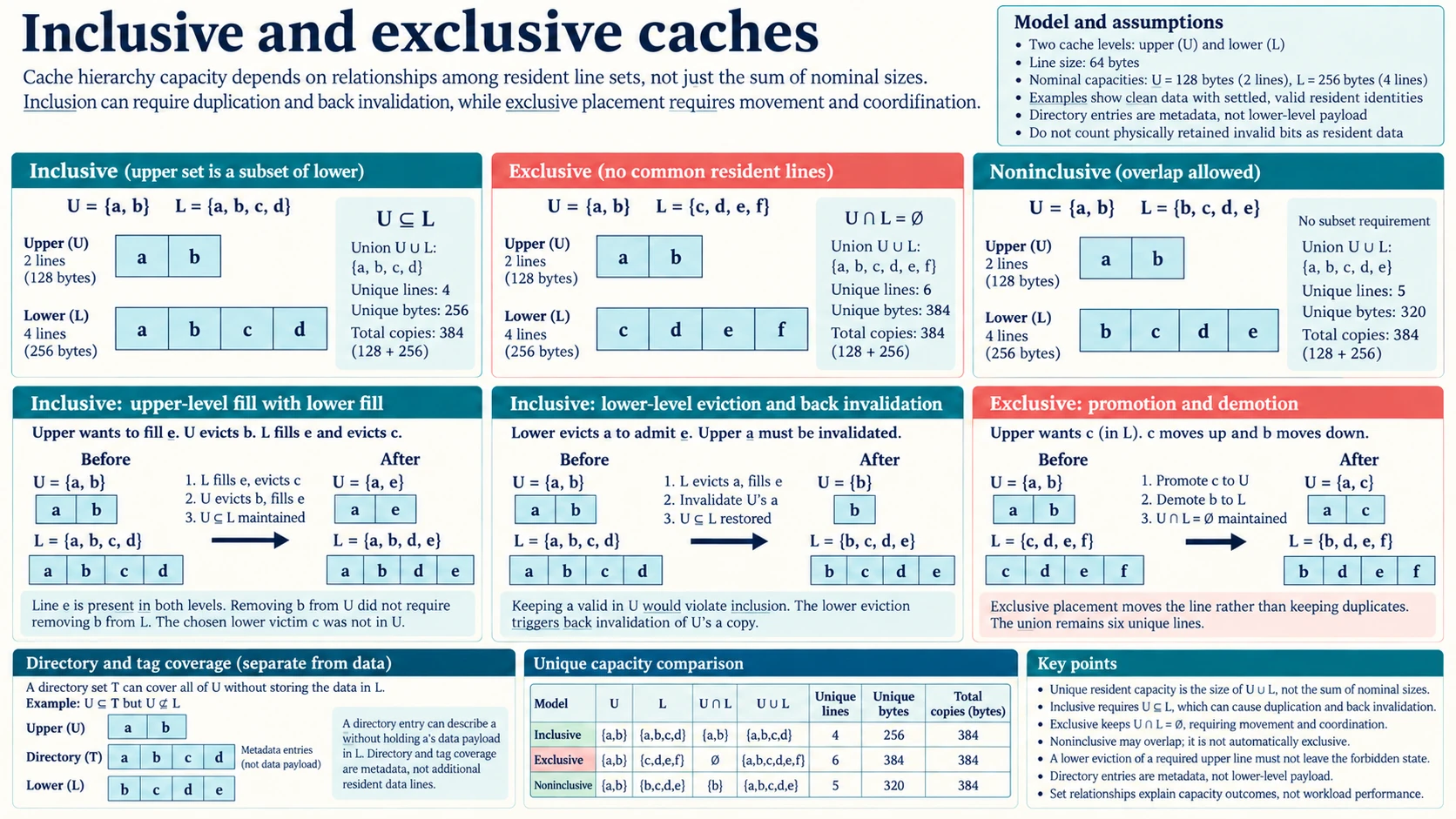 Inclusive and exclusive caches compare resident-set overlap and unique capacity, inclusive fills and back invalidation, exclusive exchange, noninclusive residency and separate directory coverage.