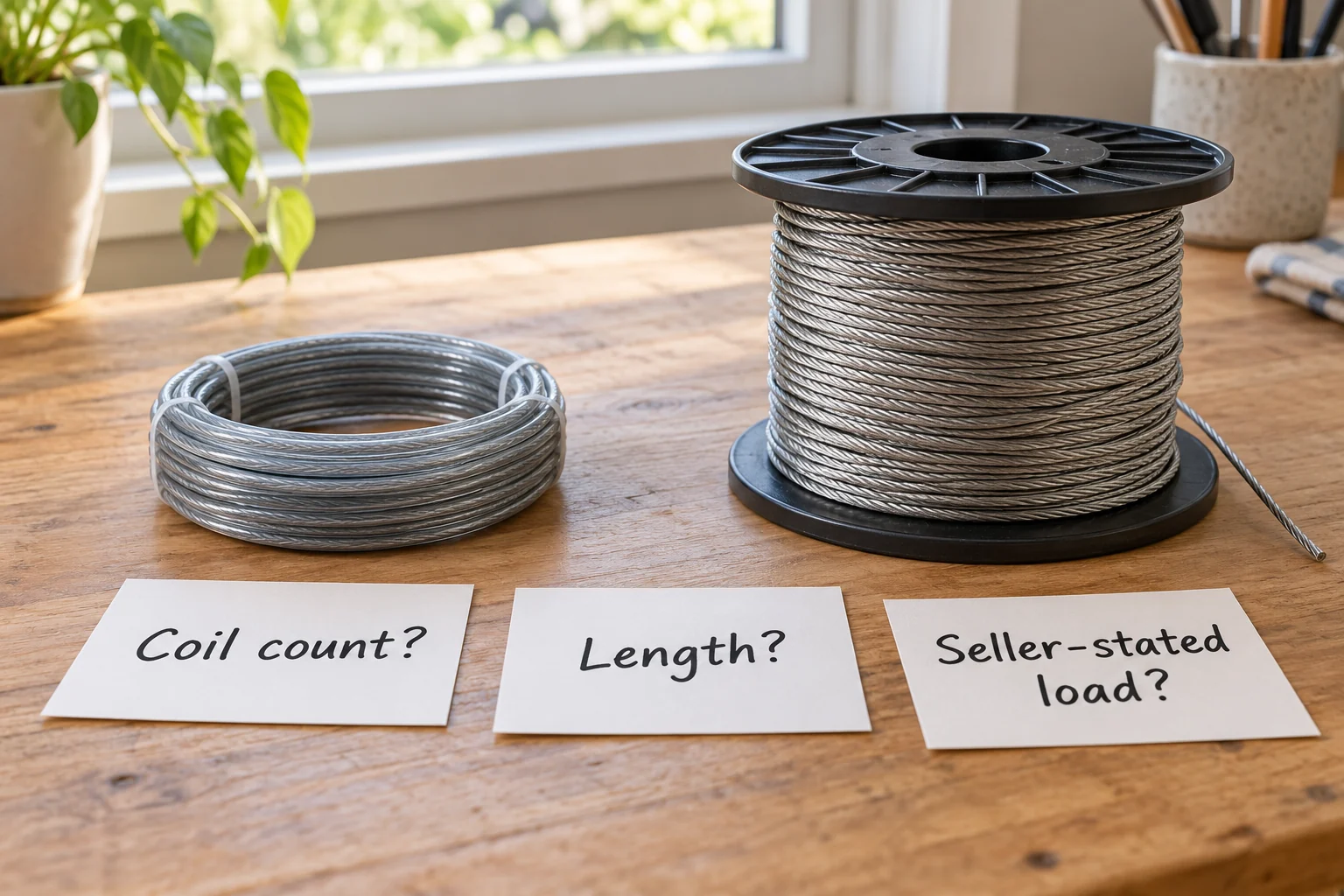 Picture hanging wire shown as a short coil and bulk spool beside coil-count, length and seller-stated load question cards.