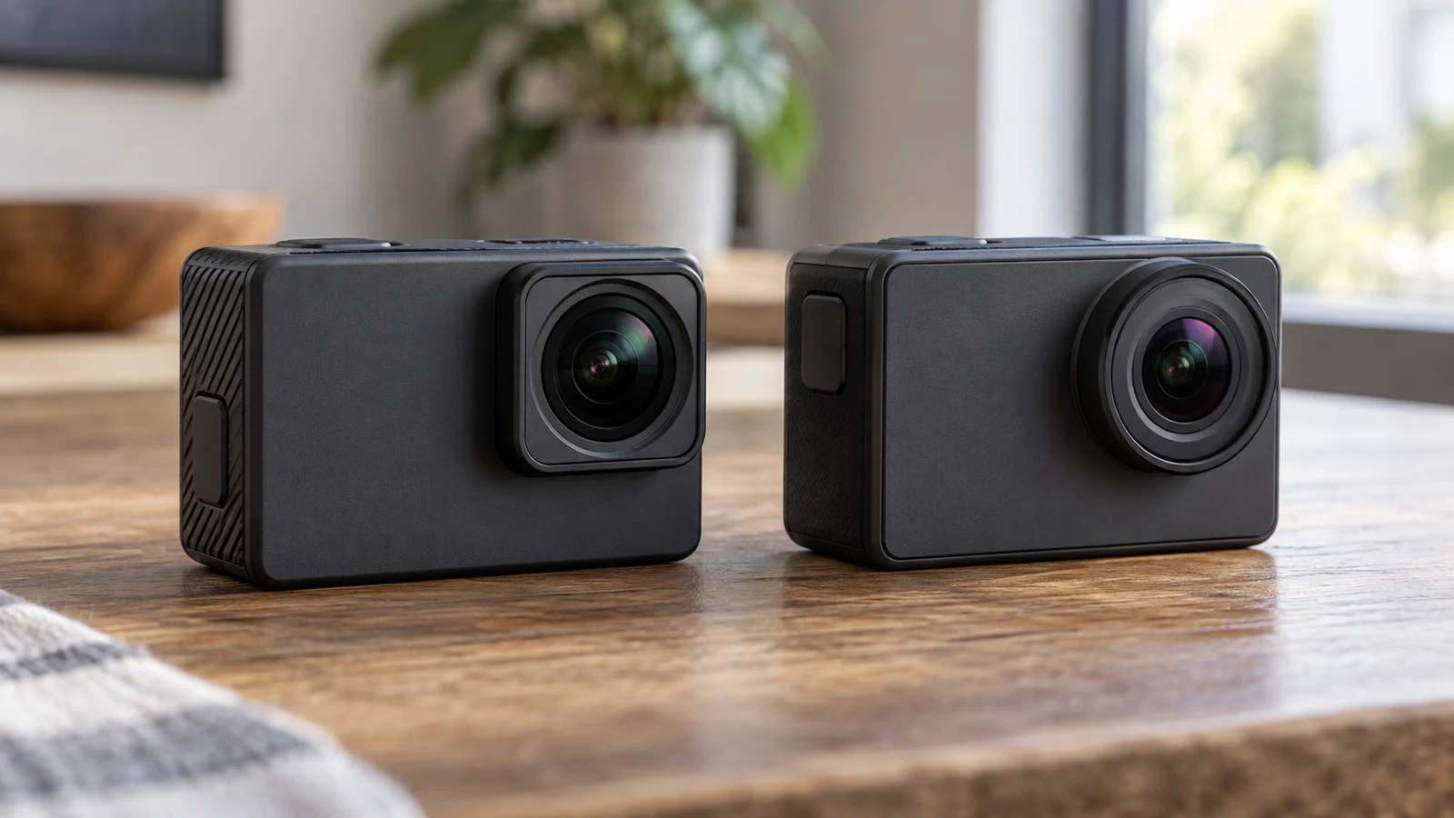 LilyStore action camera: Two unbranded black action cameras sit side by side on a wooden table.
