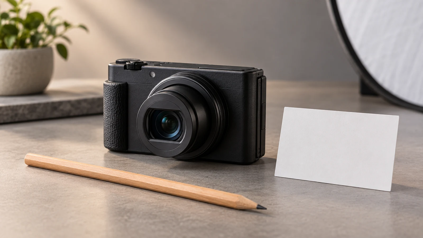 Sony ZV-1 II product photography: A black compact camera sits beside a wooden pencil and a blank white card on a tabletop.