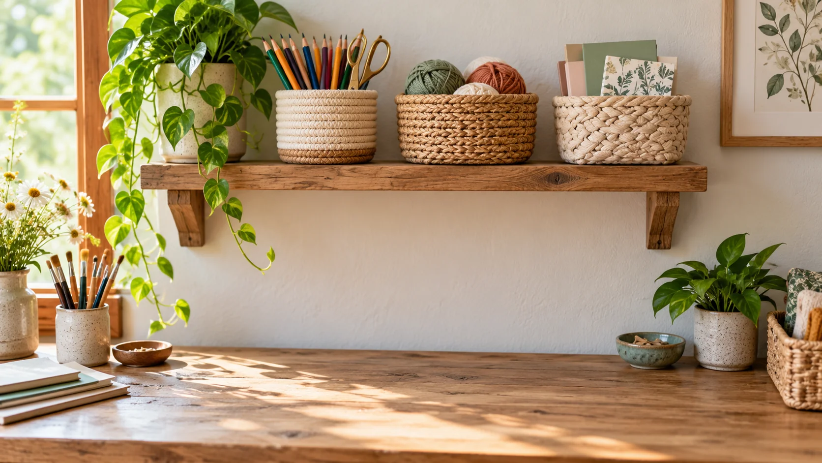 craft shelf basket display with three woven baskets holding pencils, yarn and papers above a clear work table.