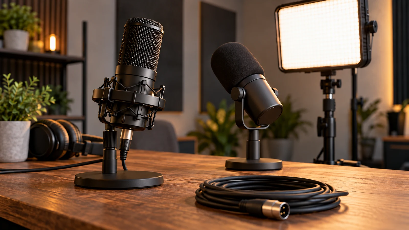 Xdobo X8 Pro: Two black microphones stand beside a coiled cable beneath an illuminated light panel on a wooden desk.