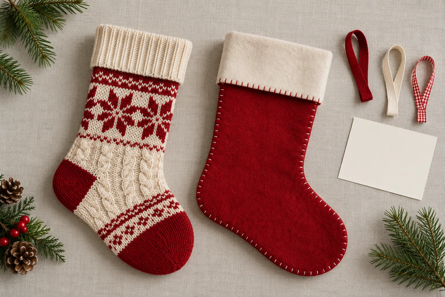 Christmas stocking condition check with knit and felt stockings, a blank inspection card and loose ribbon loops