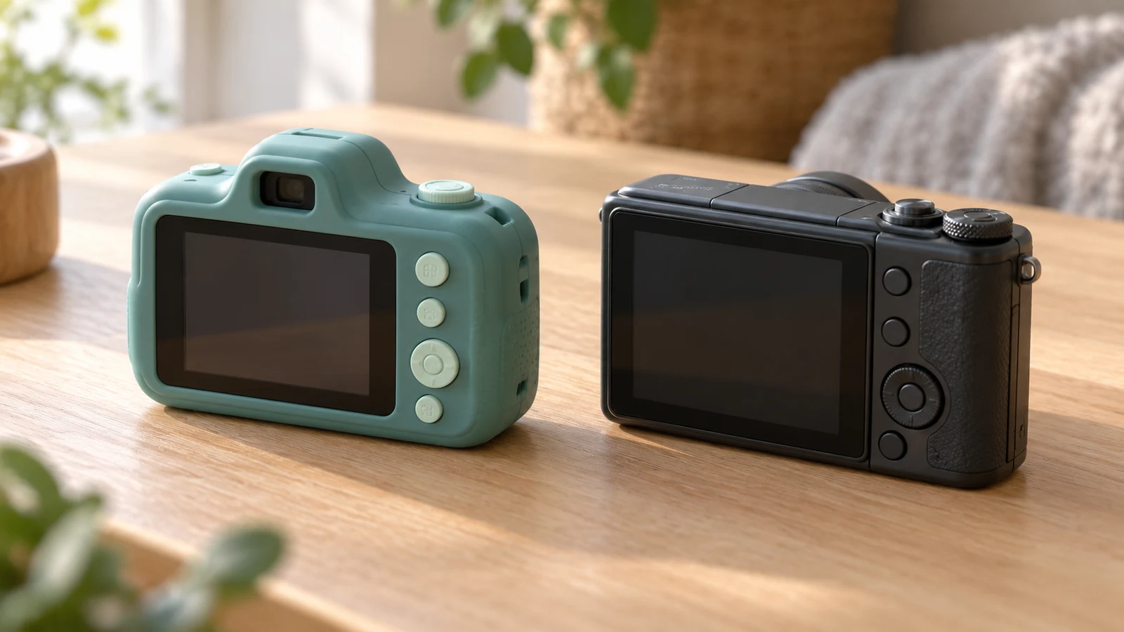 QDTQUIXT kids camera: Two cameras with blank screens and physical buttons sit on a wooden table.