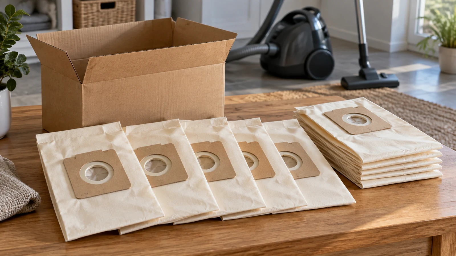 vacuum bag pack quantities: Cream vacuum bags lie spread and stacked beside an open cardboard box on a wooden table.