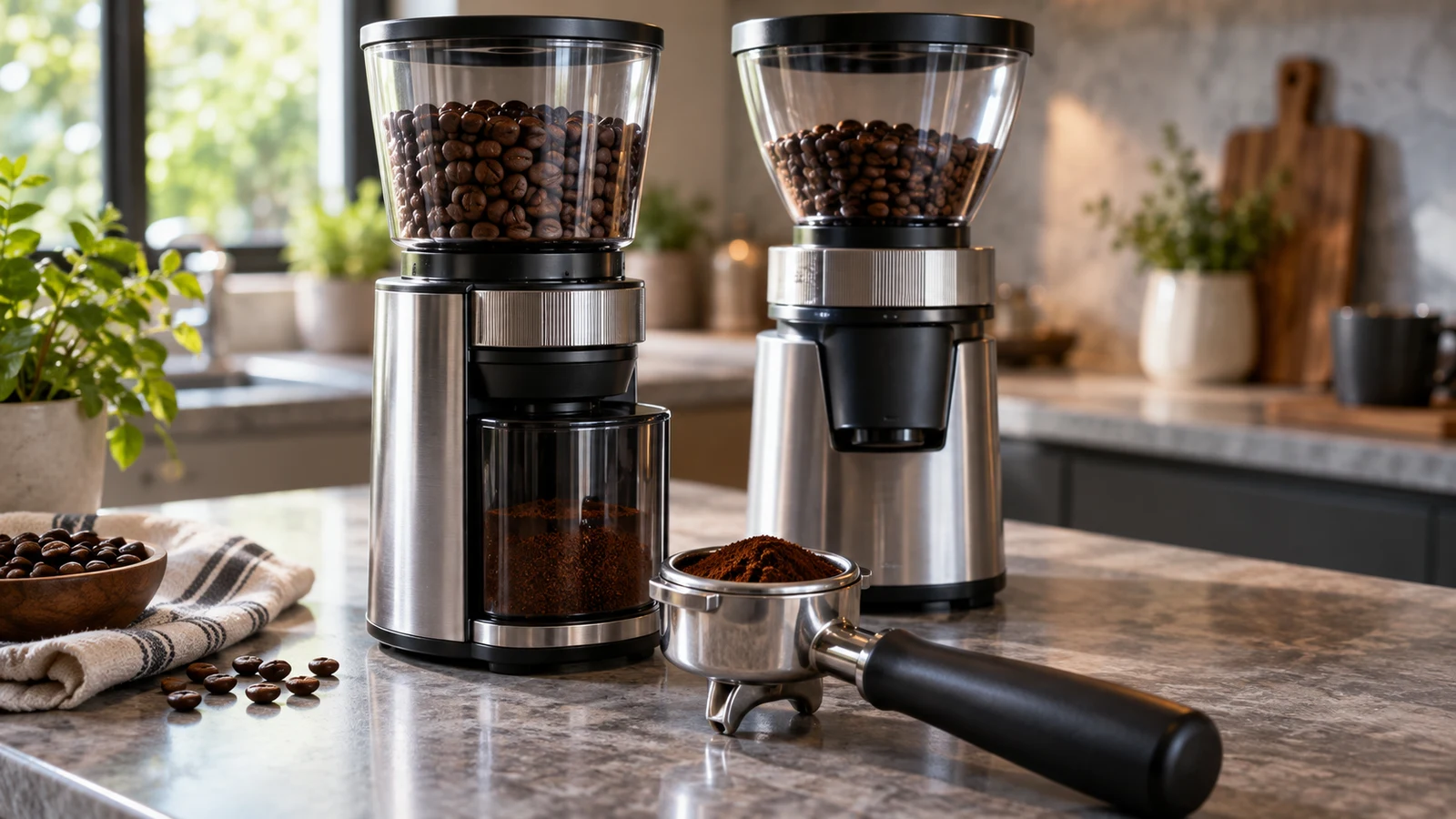 Danolapsi espresso grinder settings: Two coffee grinders and a portafilter filled with grounds sit on a kitchen counter.