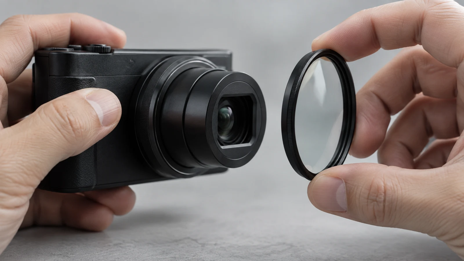 Sony ZV-1 II filter compatibility: Hands hold an unbranded compact camera and a circular filter above a gray surface.