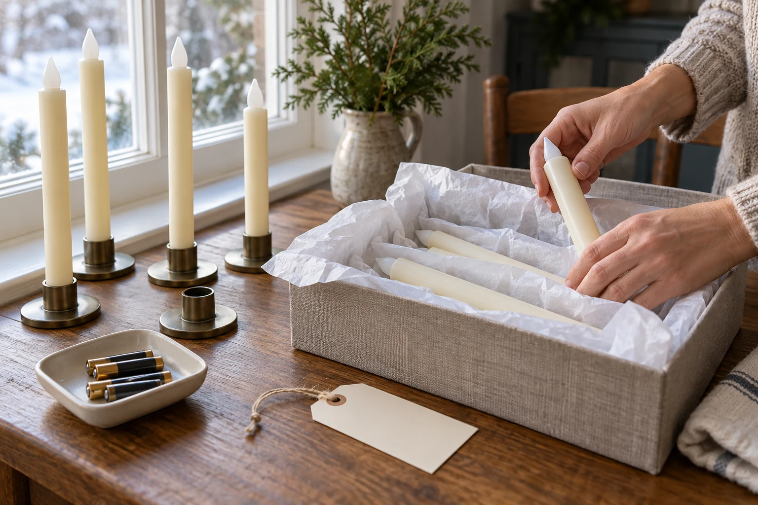 After-holiday window candle storage with unlit flameless tapers being placed in a lined box and removed batteries set aside in a tray.