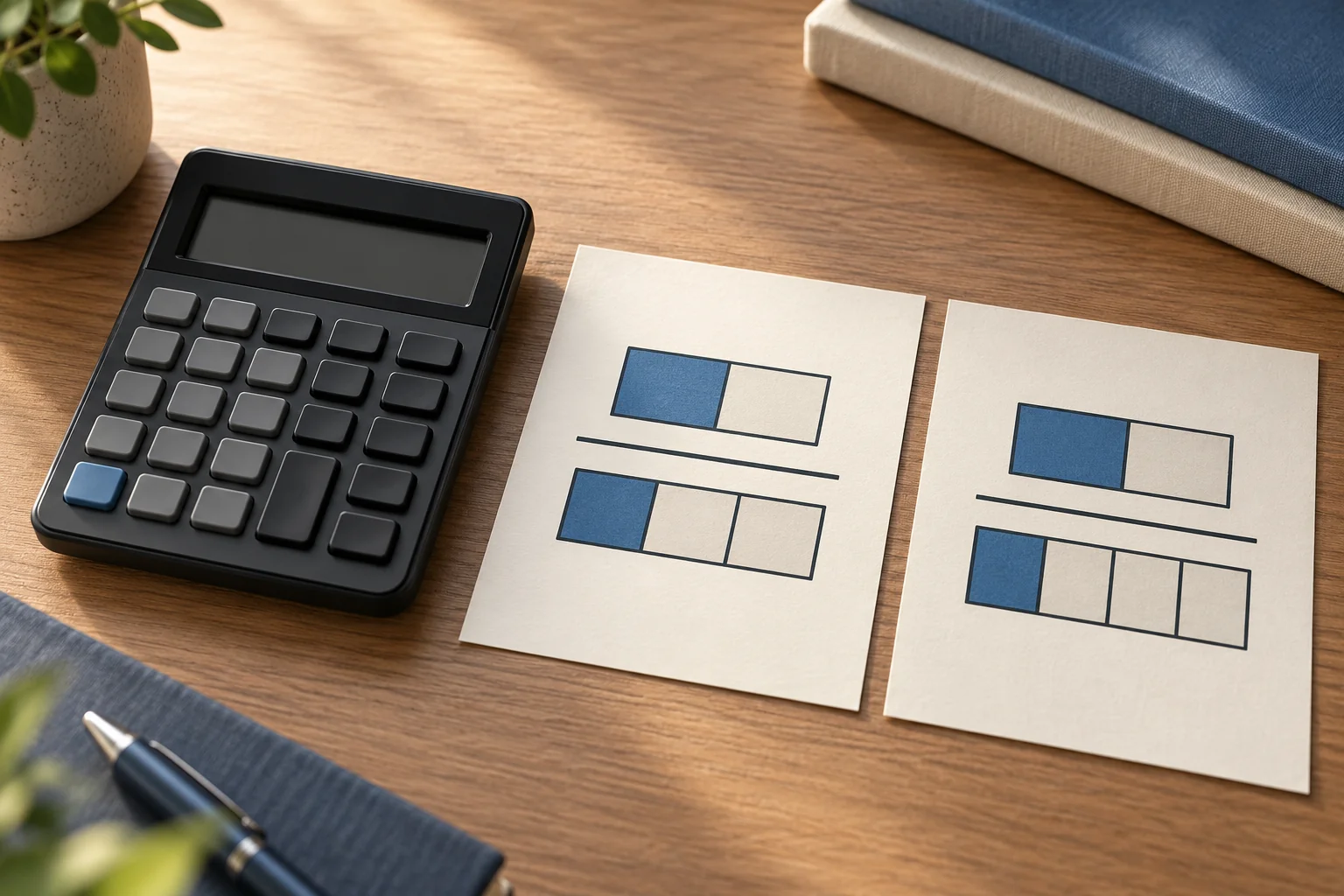Markup and margin mismatch compares two generic fraction notes with different denominators beside an unused calculator, without a device test.