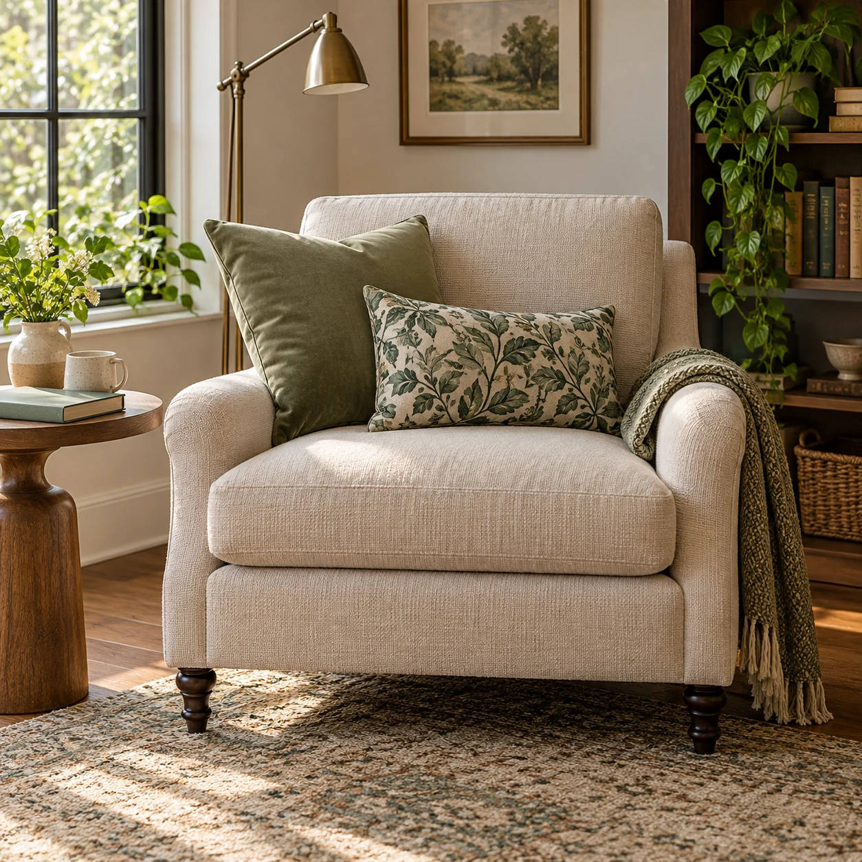 A reading chair throw pillow arrangement with a muted sage square cushion and a green botanical rectangular accent, leaving open seat space beside a book table.