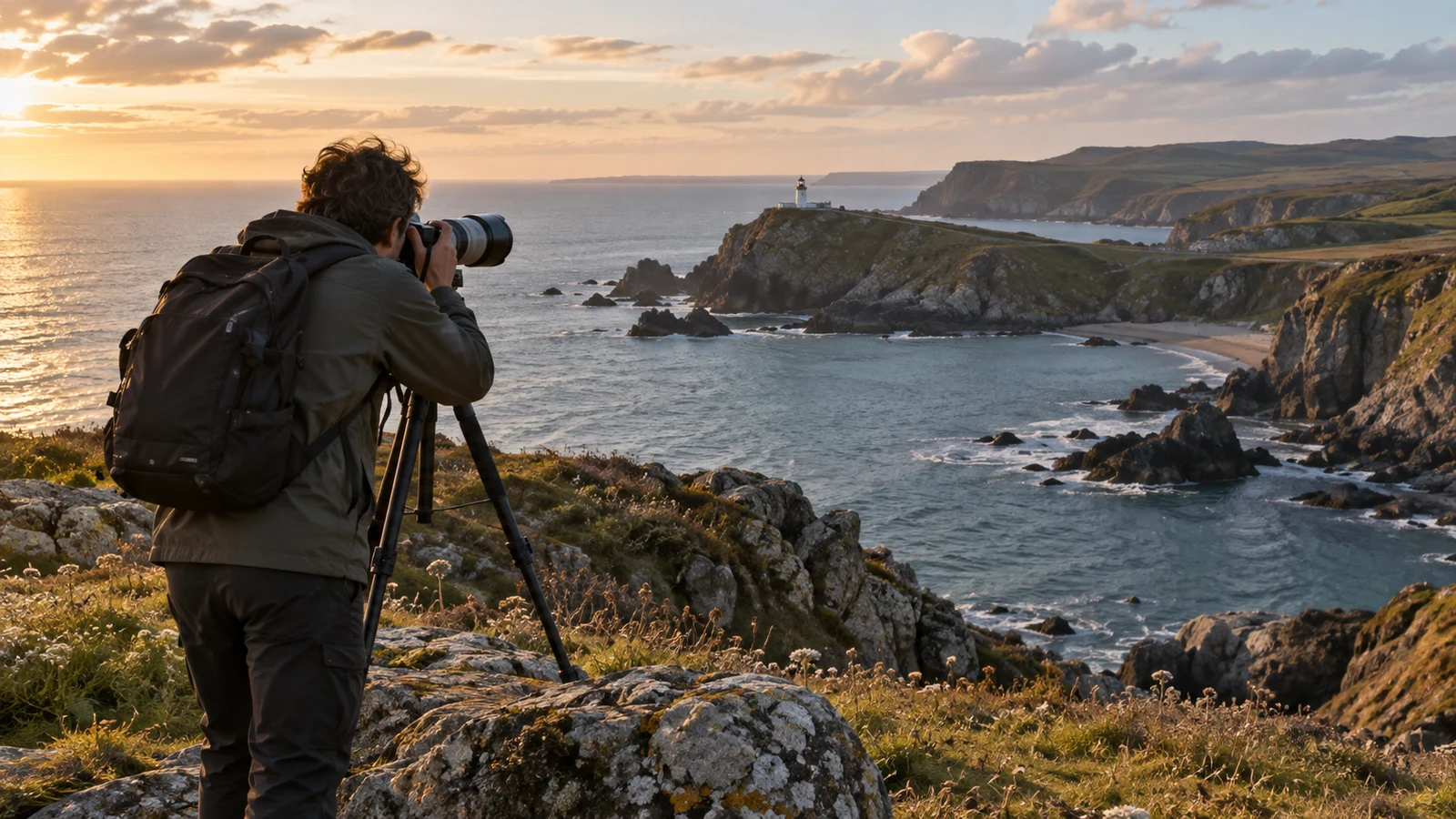 distant subject photography: A person uses a camera on a tripod overlooking a rocky bay and distant lighthouse.