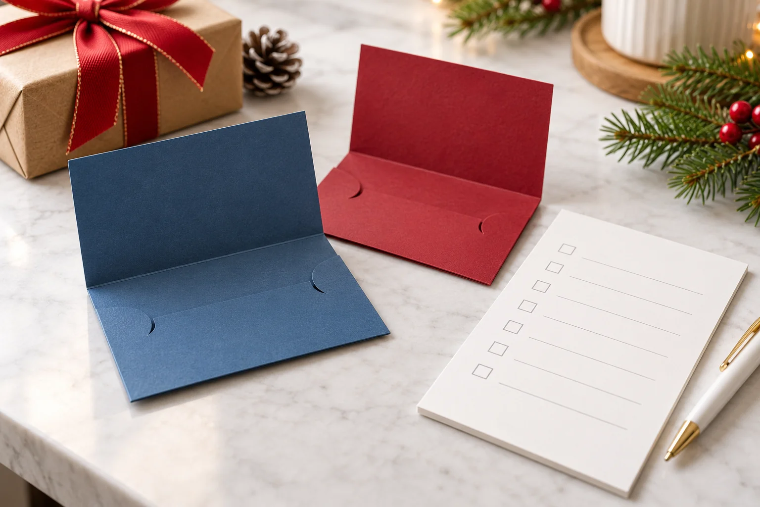 Holiday gift-card holder packs separate decorative paper carriers from a private gift-value checklist, without displaying a funded card or money.