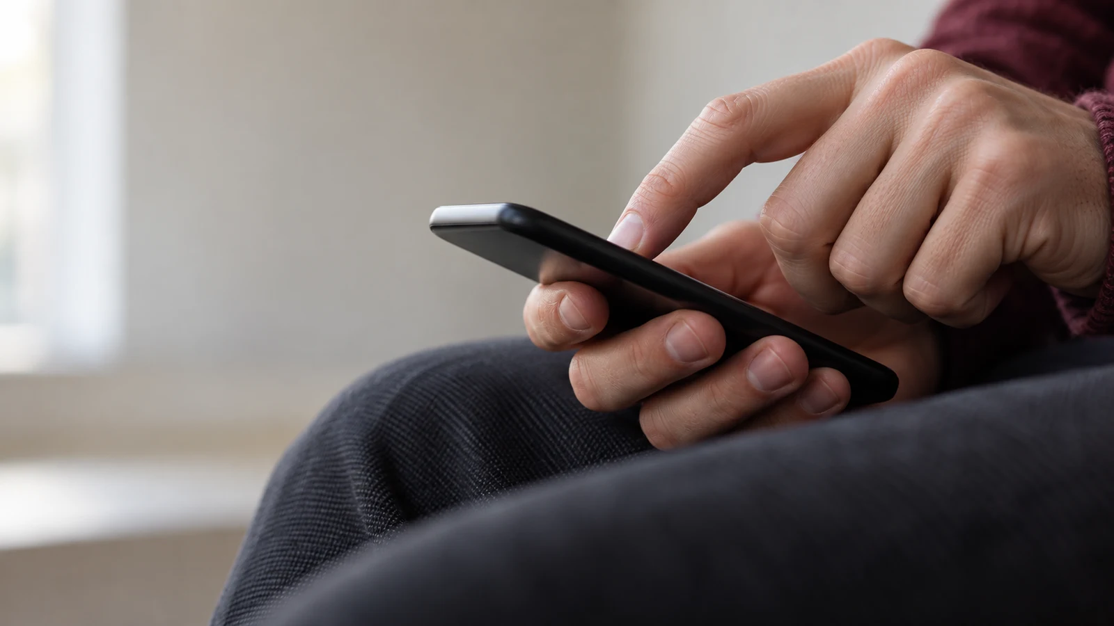 crypto network fees shopping: One hand holds a black phone above dark trousers while another finger touches the phone.