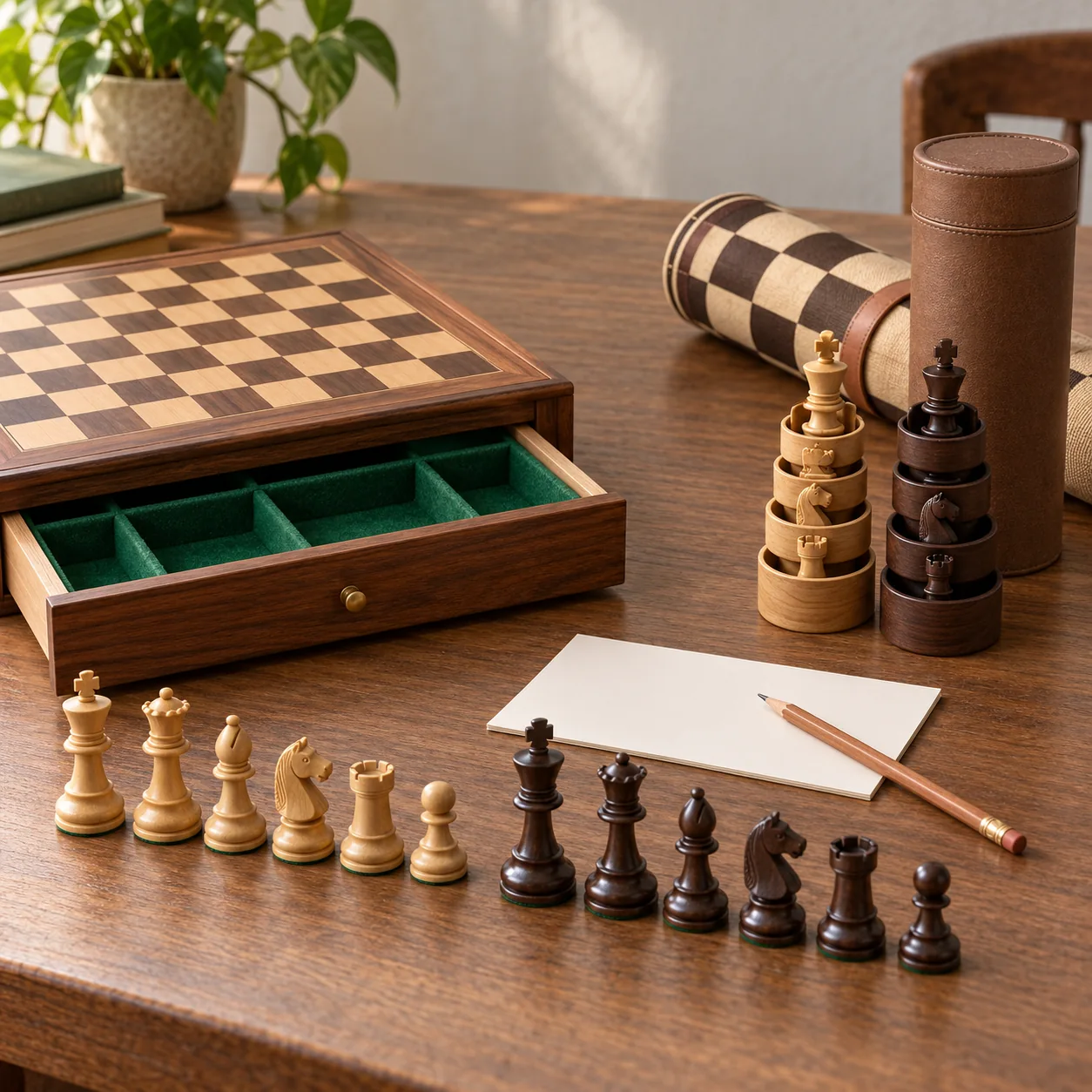 Chess set missing pieces concept showing a wooden chess board with its storage drawer open beside two tidy nested piece stacks and a blank inventory card; no claim that either set is broken.