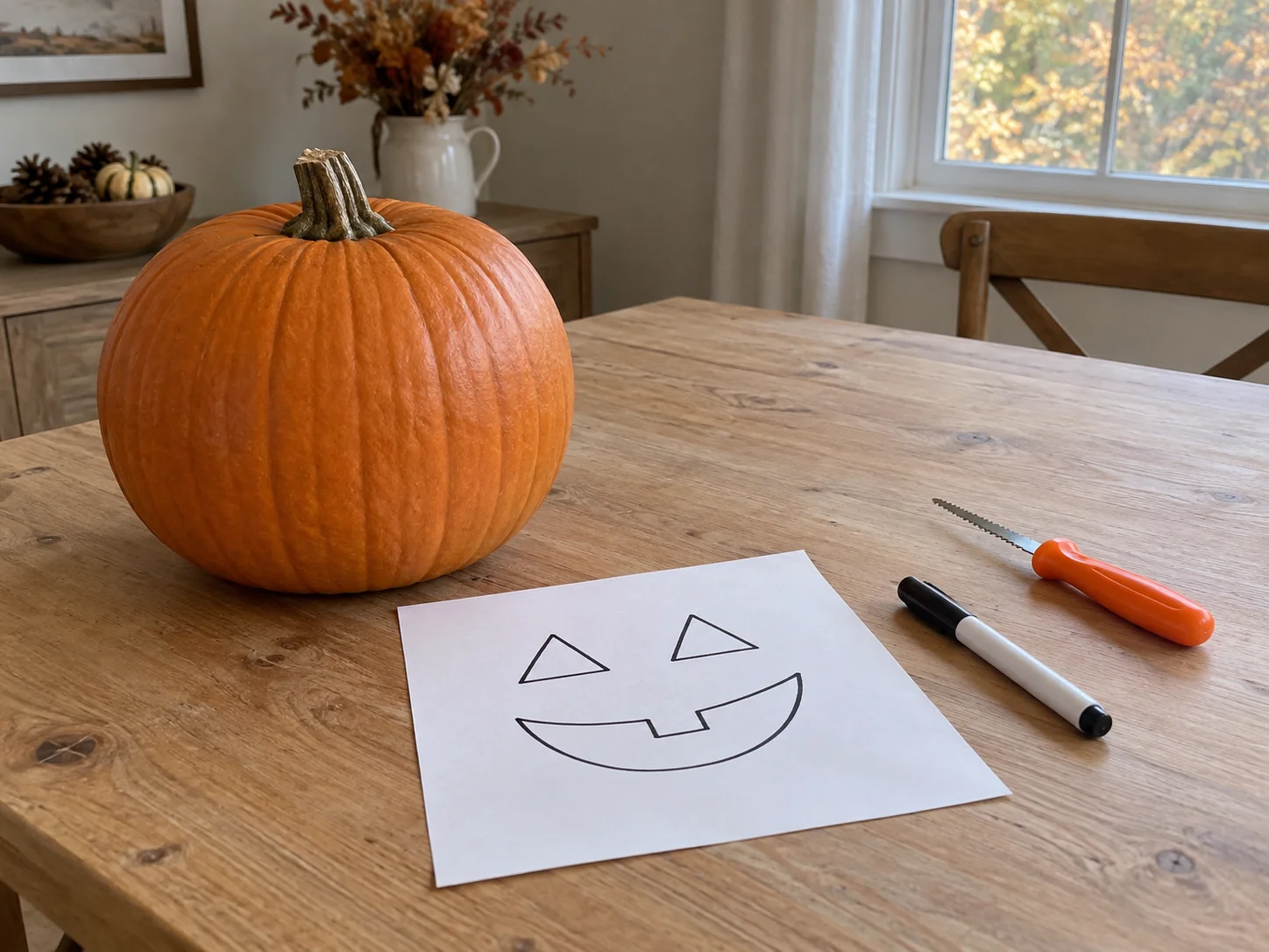 Halloween pumpkin design plan concept with a whole uncut pumpkin, an entire paper face sketch, a capped marker and a separate inactive generic carving tool.