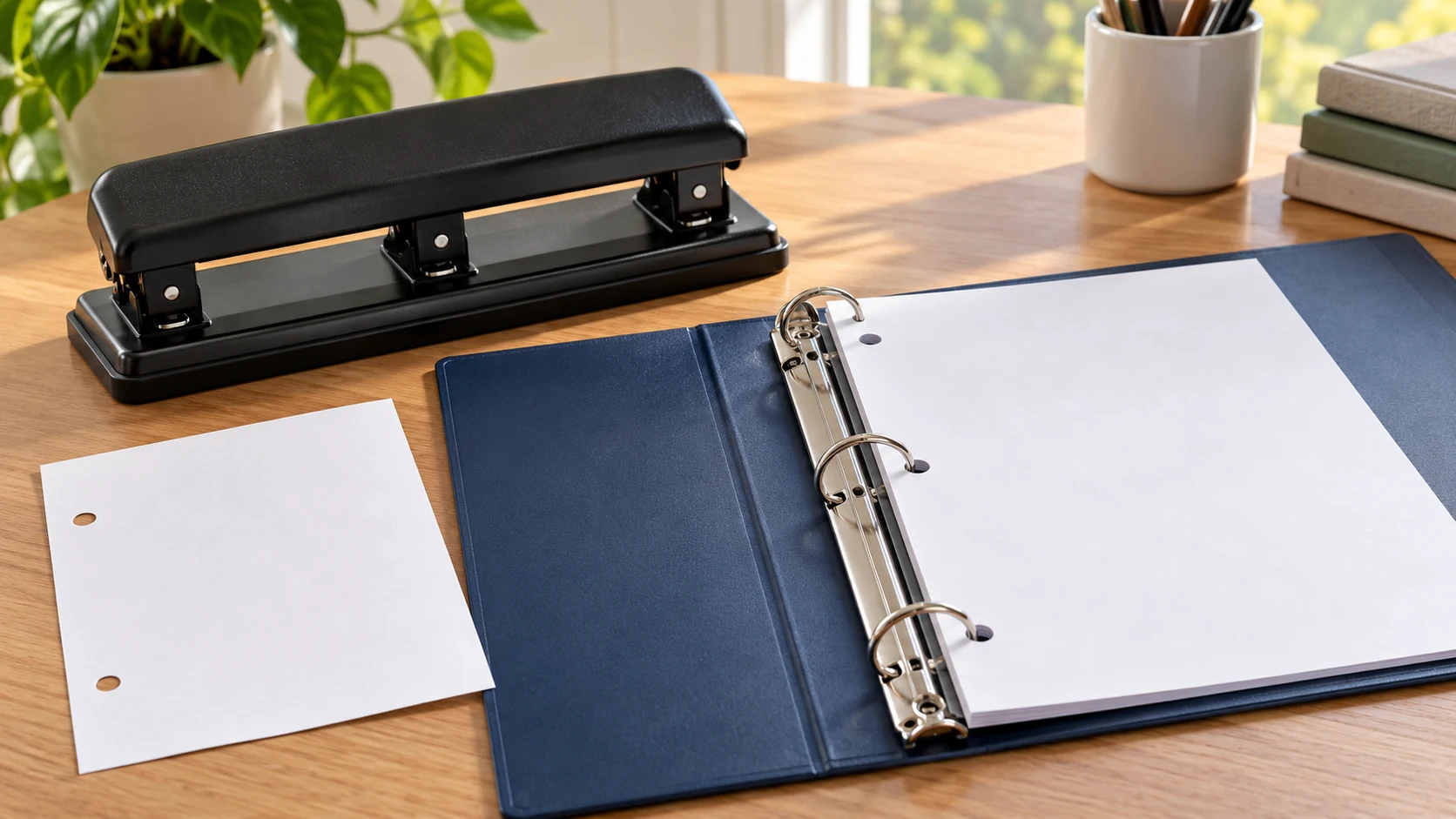Hole punch binder fit: a three-head punch beside an open two-ring binder and sample punched sheets for comparing patterns.
