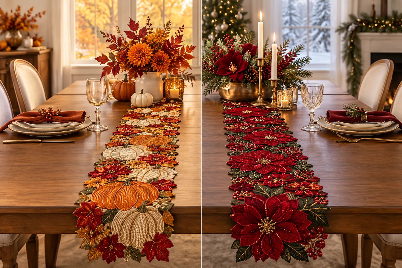 A Fall-to-winter table runner scene shows pumpkin harvest and red floral beaded accents on a dining table.