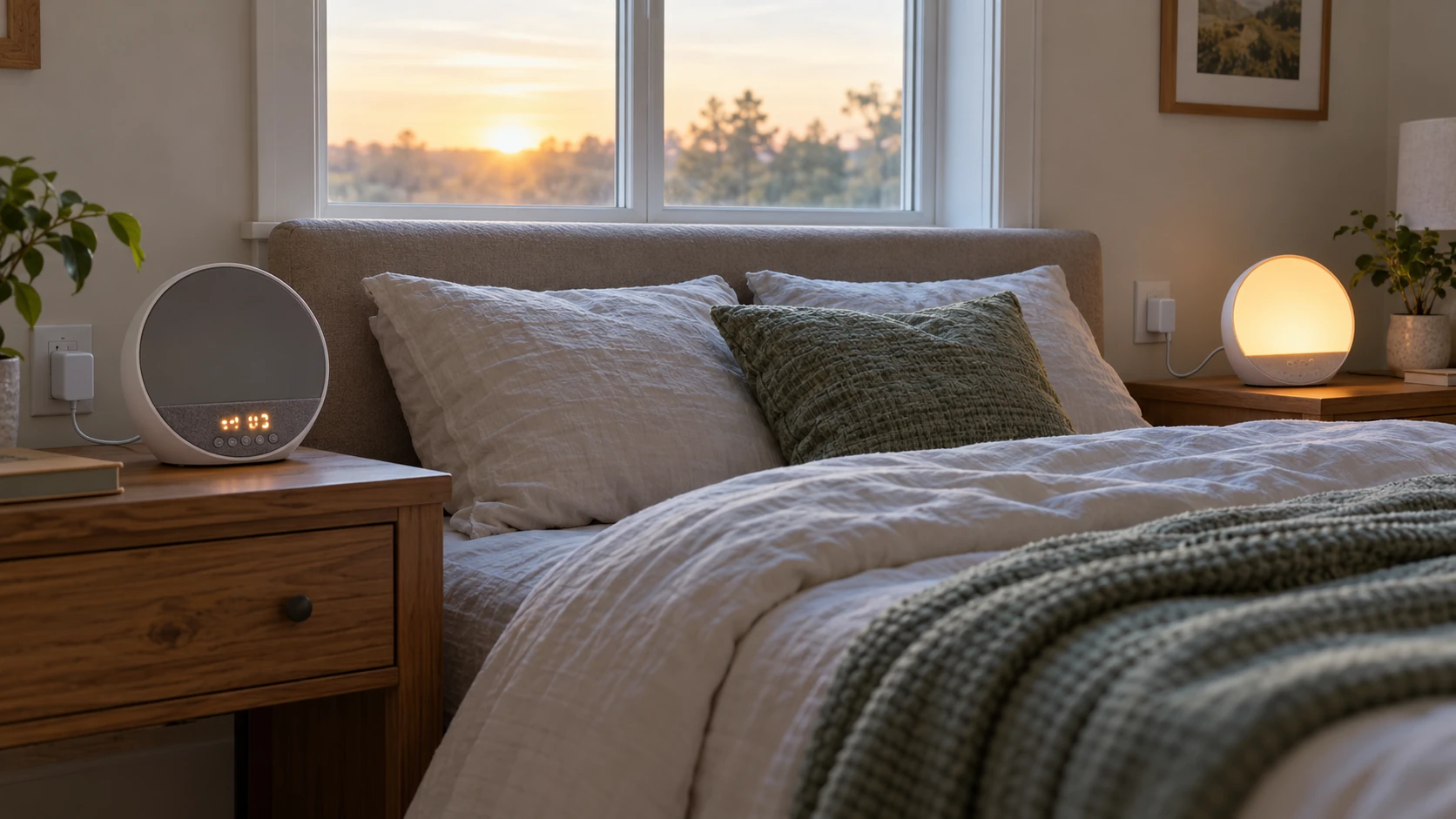 sunrise alarm clock light not turning on illustrated by two bedside clocks, one with a dark wake-light face beside an ordinary morning window.