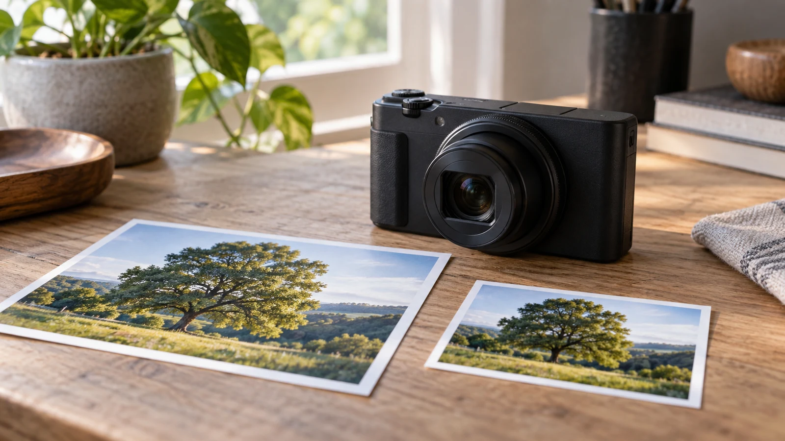 Sony ZV-1 II image resizing: An unbranded black camera sits beside two differently sized landscape prints on a wooden table.