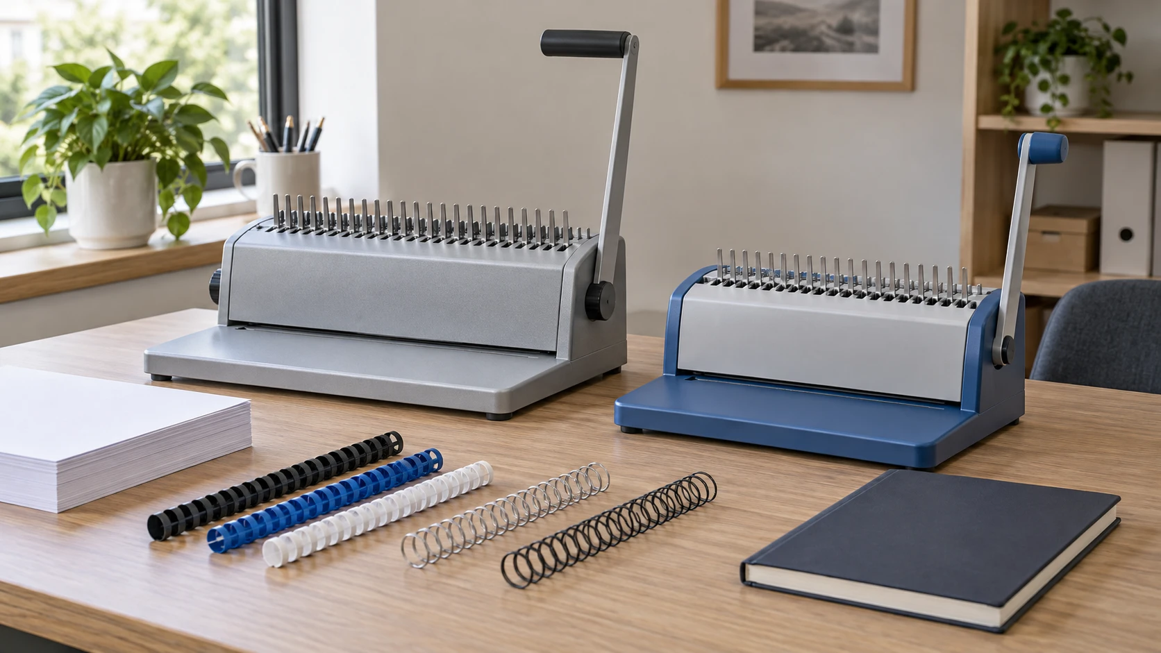 Binding spine compatibility concept with two complete generic idle document binders, separate spine props and plain paper on a desk.