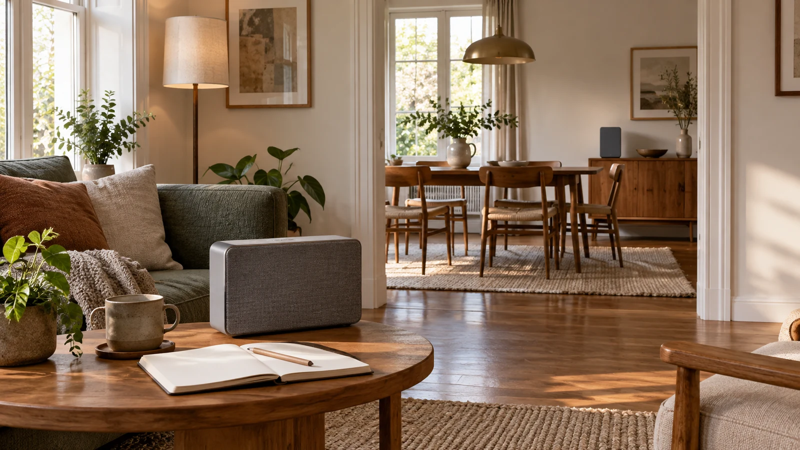 two-room music playback: Speakers sit in adjoining living and dining rooms, with an open notebook on a wooden table.