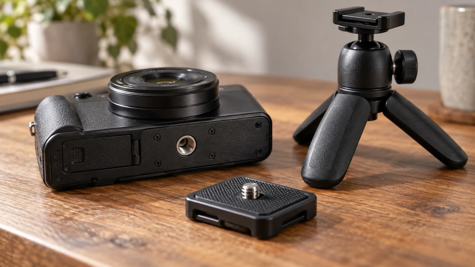 Sony ZV-1 II tripod compatibility: A black camera, mounting plate and small tripod rest on a wooden table.