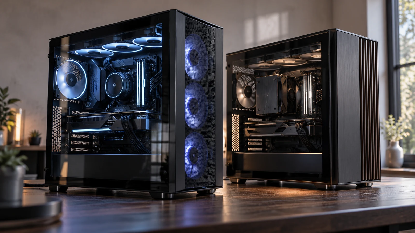 Zhicgcp gaming desktop: Two glass-sided computer towers with illuminated fans sit on a wooden desk.