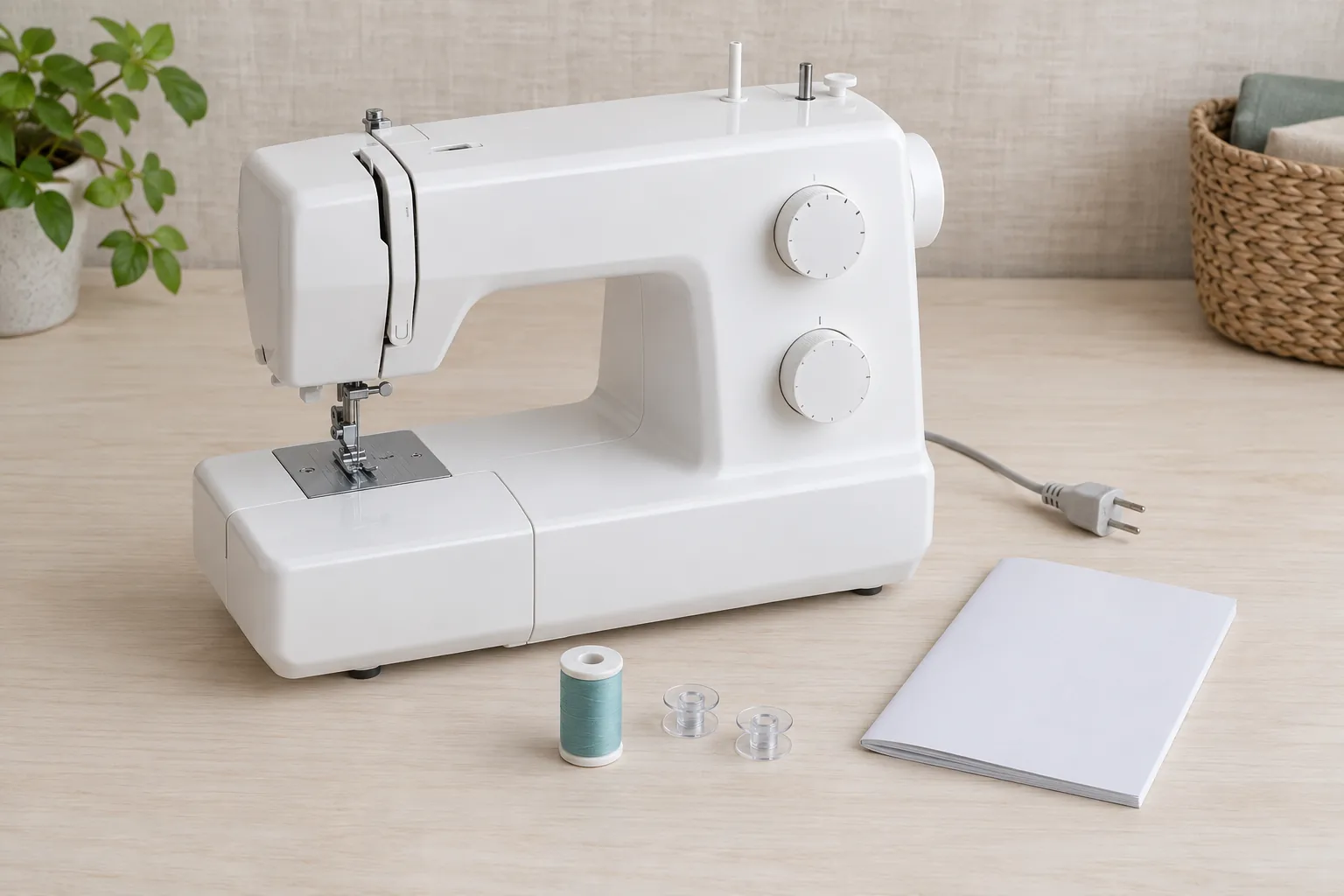 Brother XM2701 bobbin winding concept with a complete generic inactive unplugged sewing machine and loose spool, clear bobbins and closed instruction book
