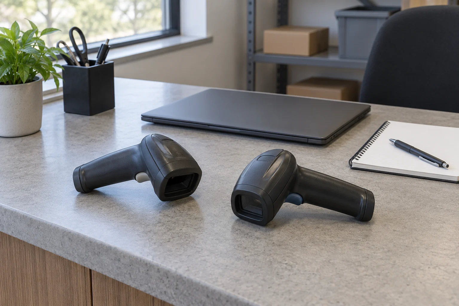Barcode scanner reads but no text appears illustrated by two whole generic inactive scanners beside a closed laptop, without a scan or transaction.