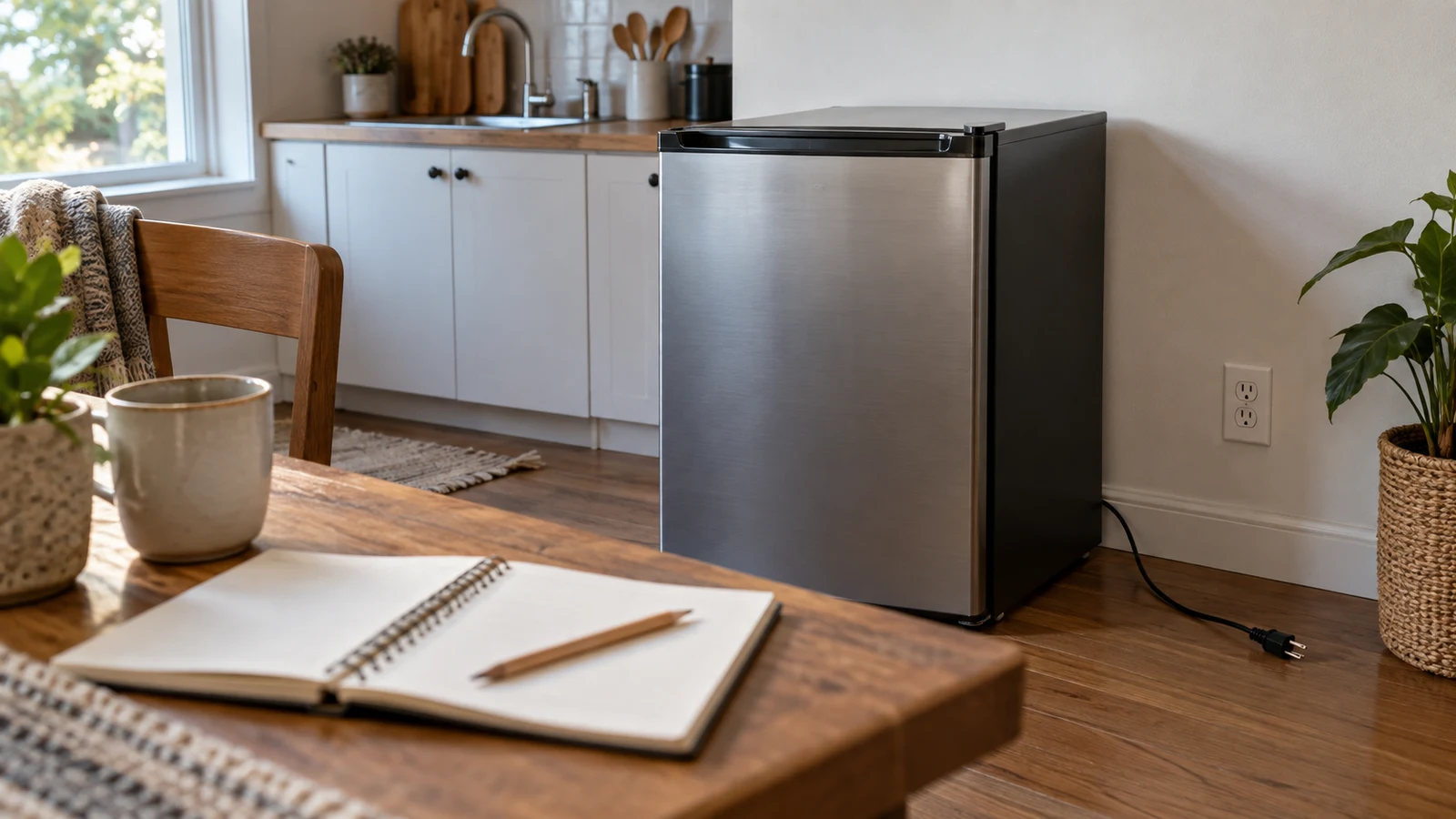 mini fridge power interruption checks: A mini fridge stands beside an unplugged cord, with an open notebook on a wooden table.