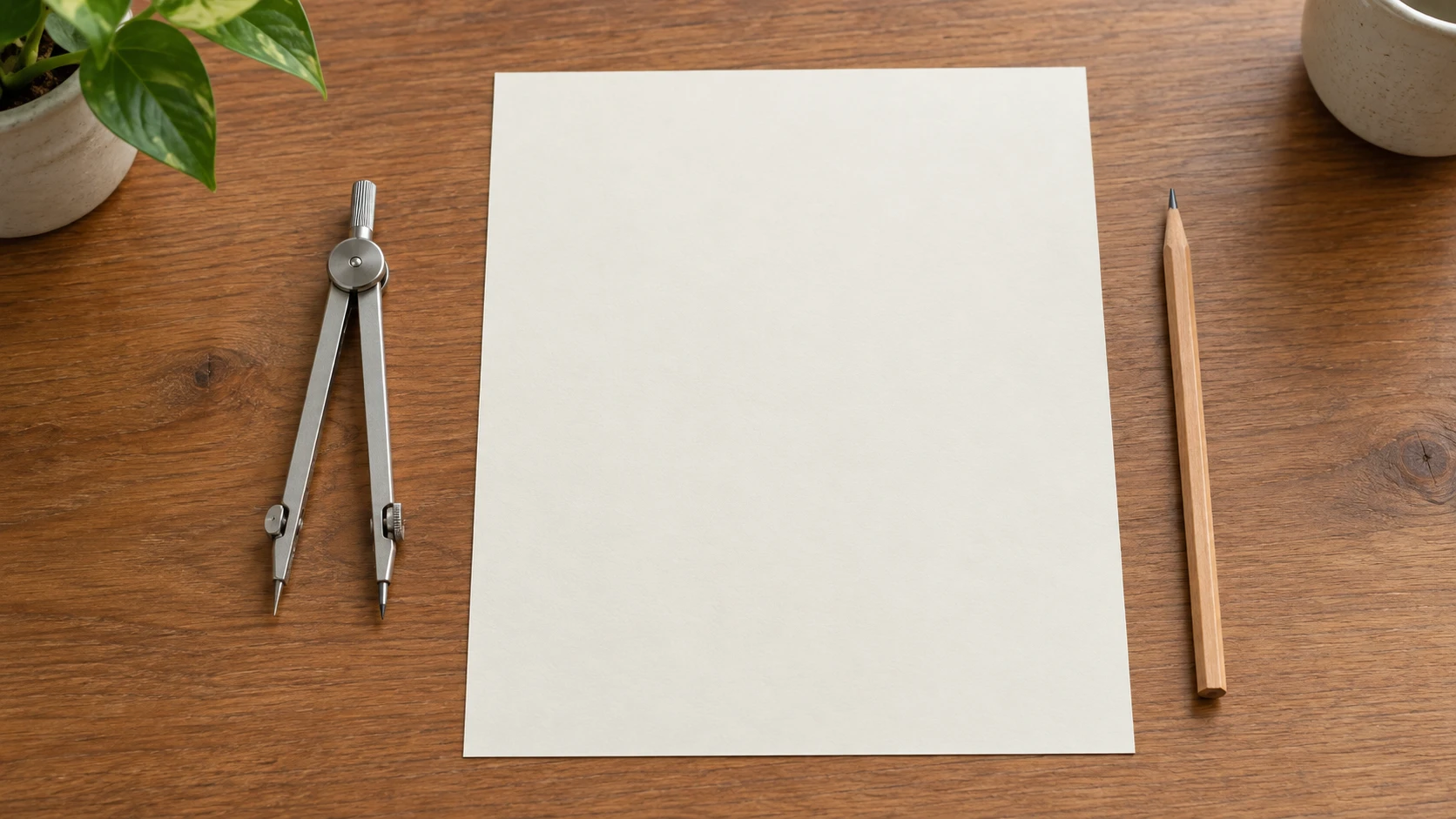 How to draw a circle with a compass concept with a whole generic drawing compass, a whole blank sheet and a whole pencil on a desk.