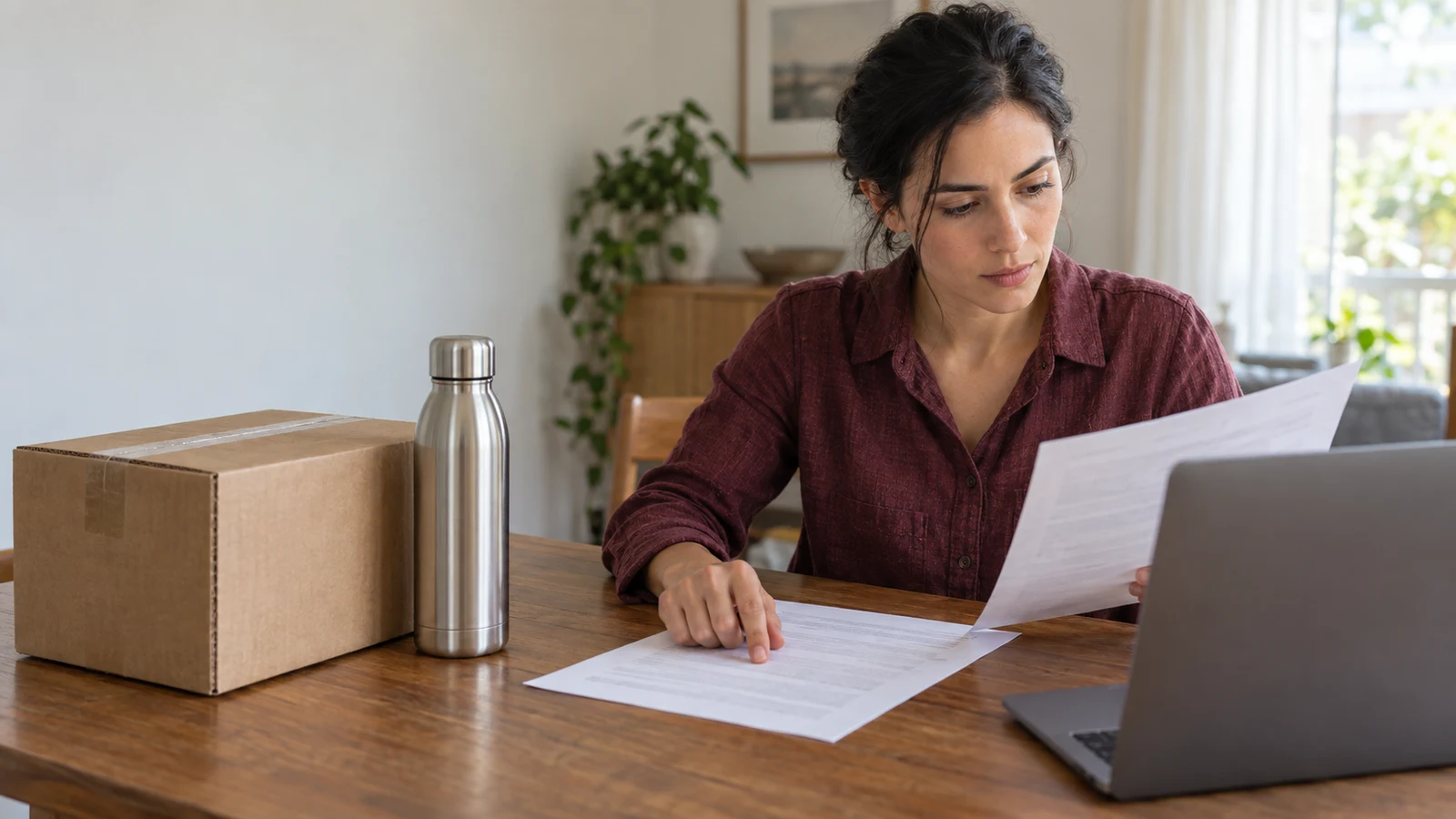 crypto shopping shipping: A woman holds one sheet and points at another beside a metal bottle, box, and laptop on a wooden table.