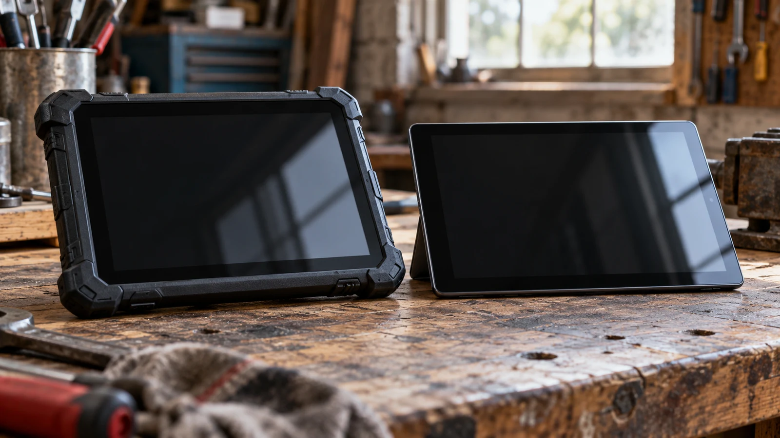 Panasonic TOUGHPAD vs Fusion5 Windows tablet: Two unbranded tablets with dark screens sit on a worn wooden workbench.