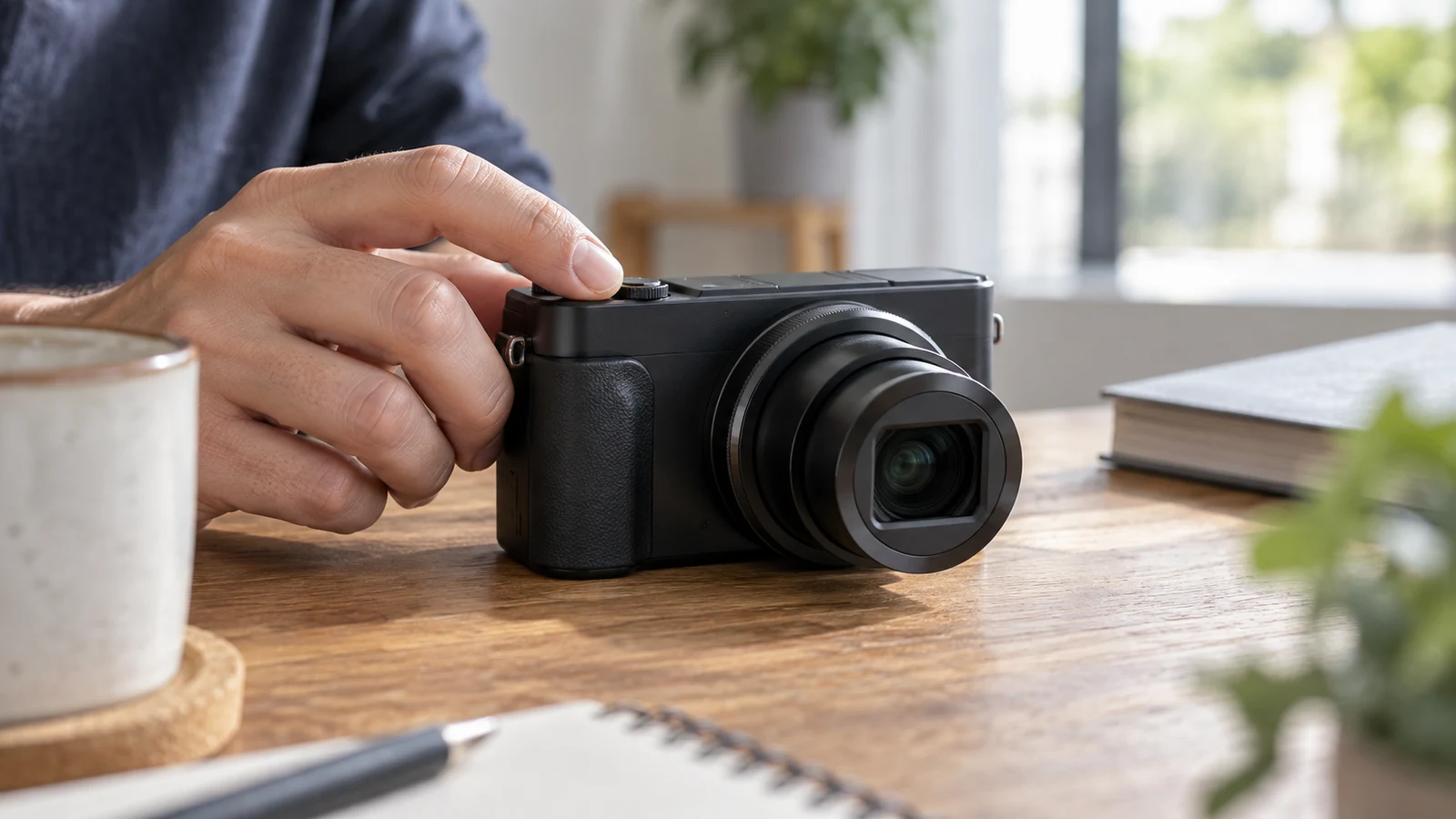 Sony ZV-1 II in-camera cropping: A hand rests on an unbranded compact camera on a wooden table.