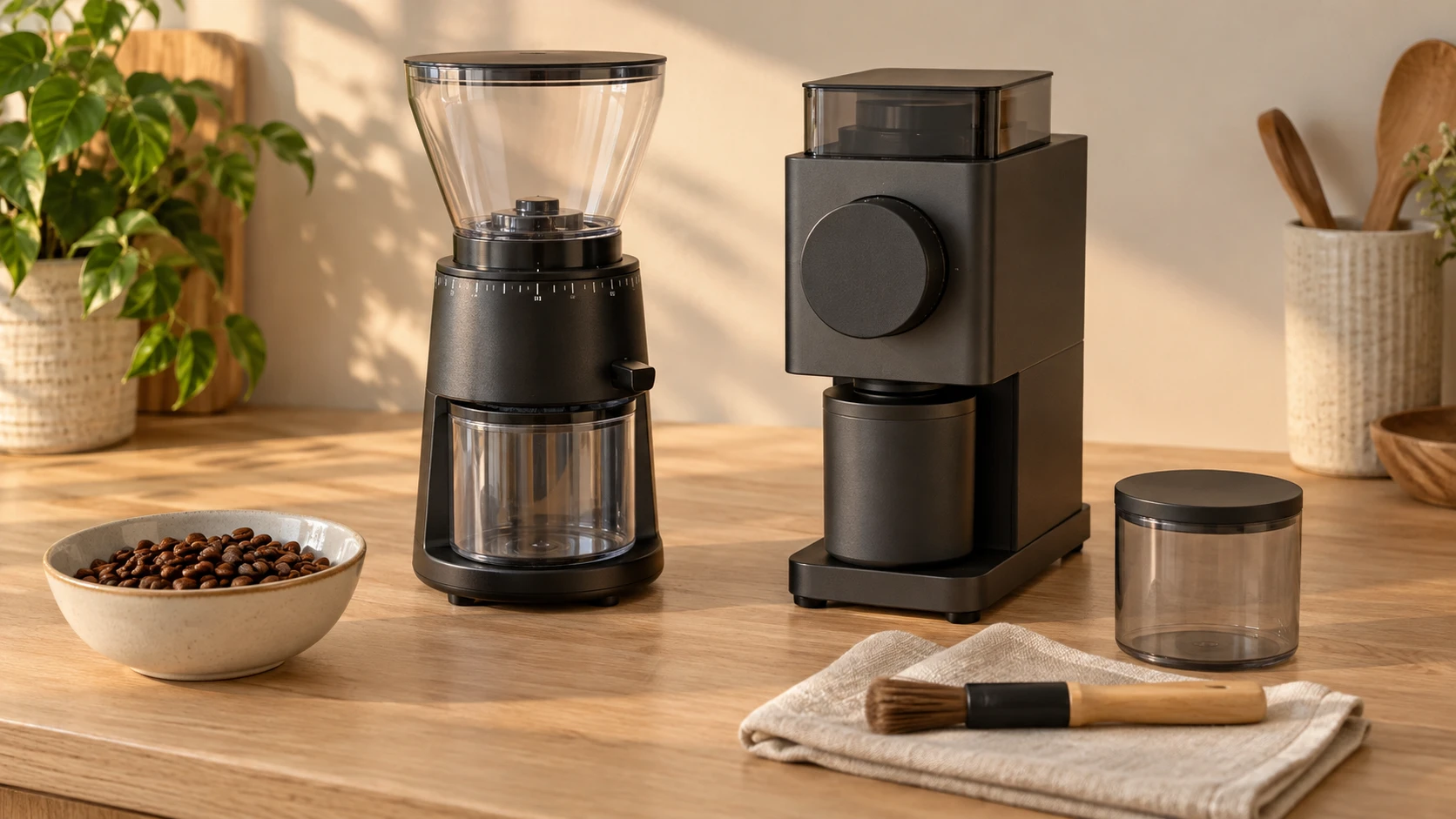 Coffee grinder cleaning represented by generic complete off grinders, a dry brush and collection vessels; conceptual cover, not exact models or a cleaning demonstration.