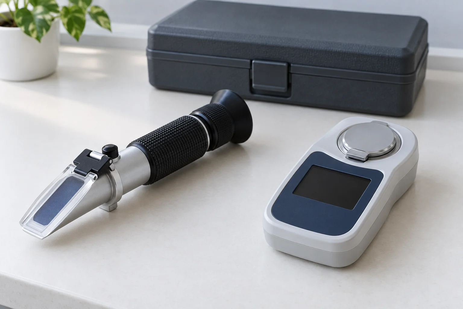 Brix refractometer reading concept with separate complete generic inactive optical and digital instruments, blank display and no liquid samples.