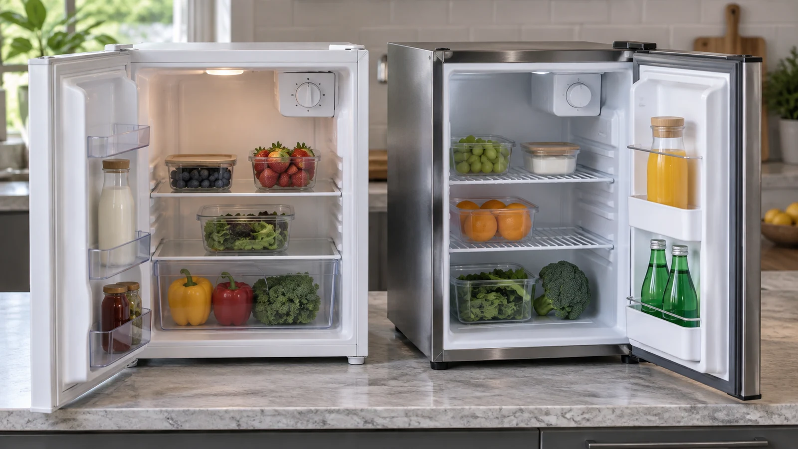 mini fridge thermostat numbers: Two open mini fridges with thermostat dials and food stand side by side on a kitchen counter.