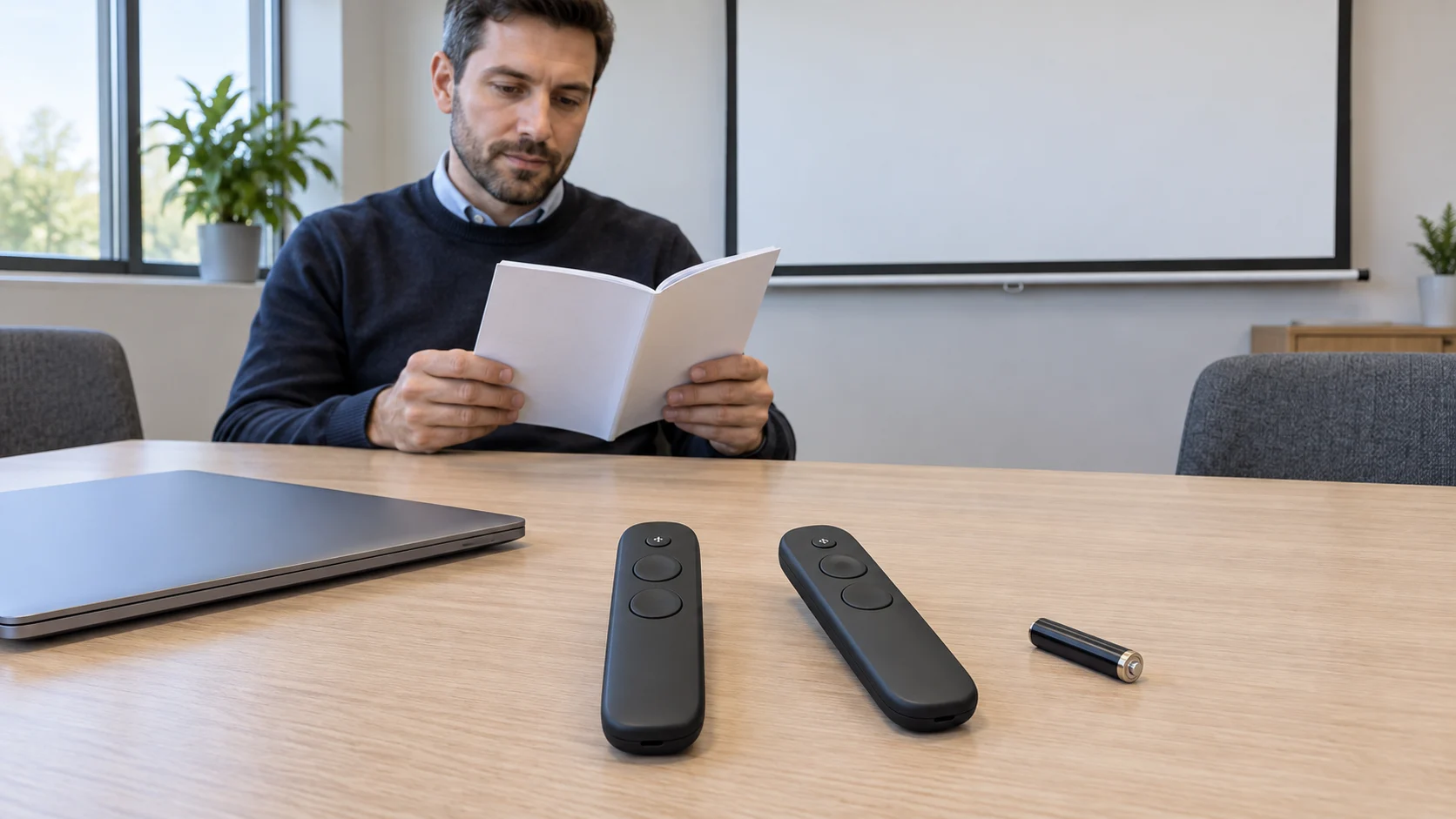 R500s laser not working illustrated by two whole generic presentation remotes beside a separate AAA battery and a plain booklet on a meeting table.