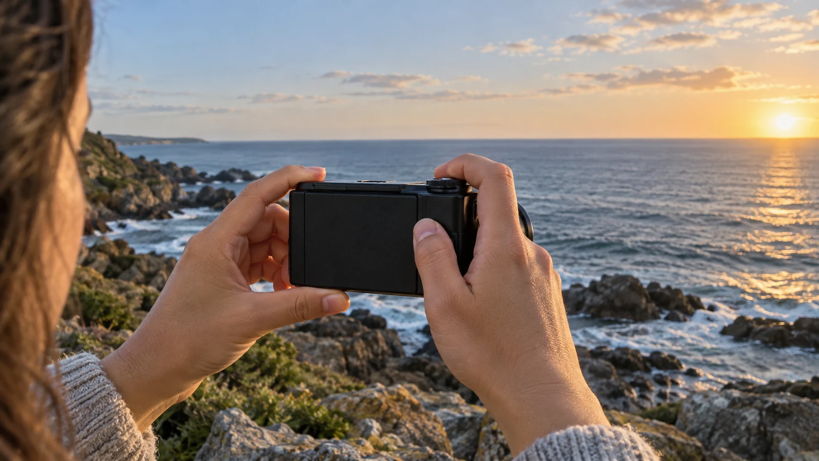 Sony ZV-1 II horizon leveling: A person holds an unbranded black camera facing the ocean above a rocky shoreline.