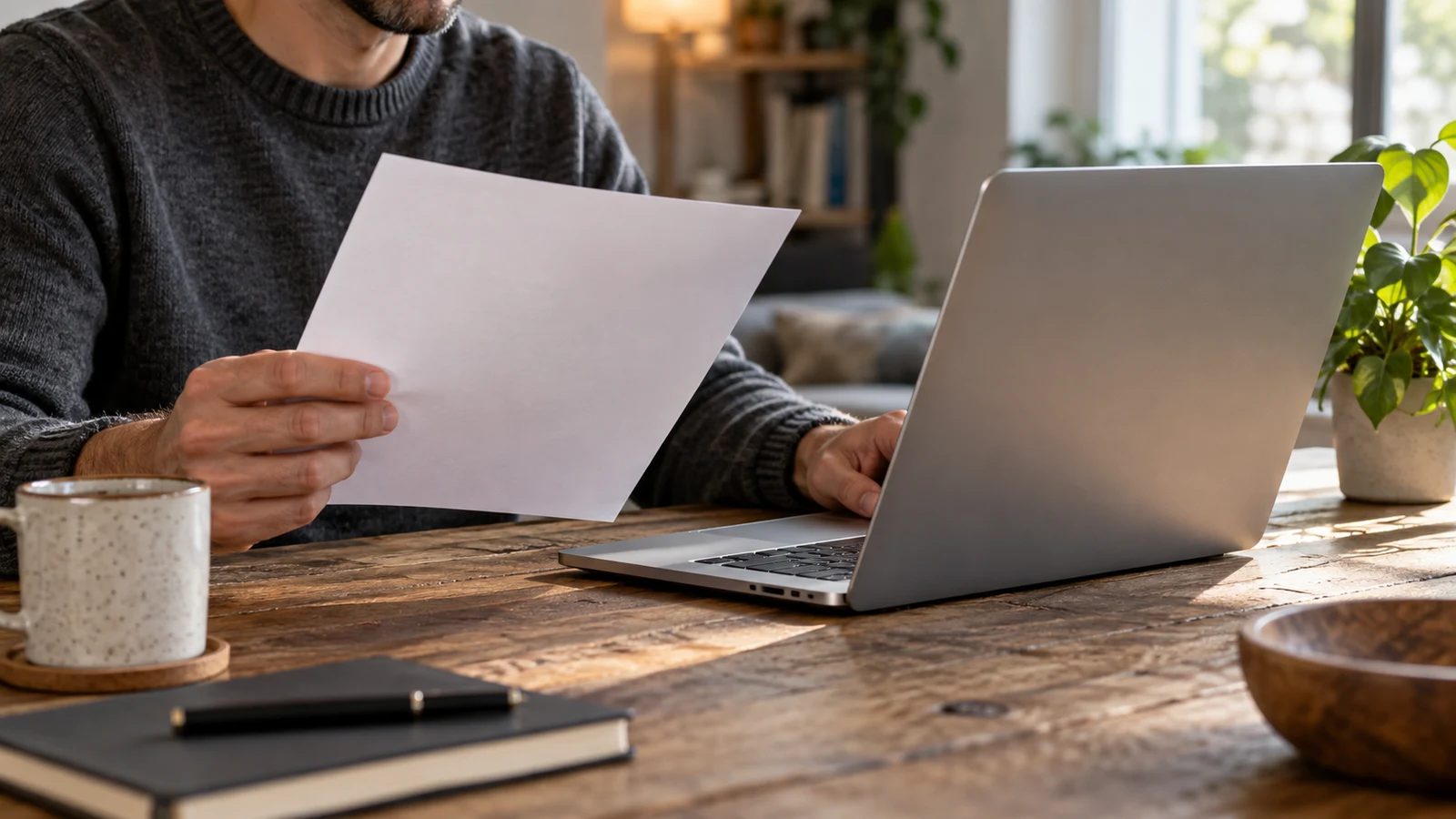 Dell Inspiron PDF form checks: A person holds a sheet of paper beside an unbranded laptop on a wooden desk.
