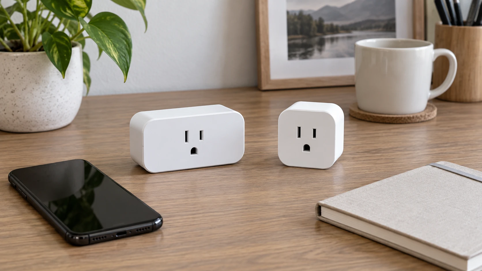 KP125M won't connect concept with two complete generic disconnected smart outlet adapters and a separate phone with a dark screen.