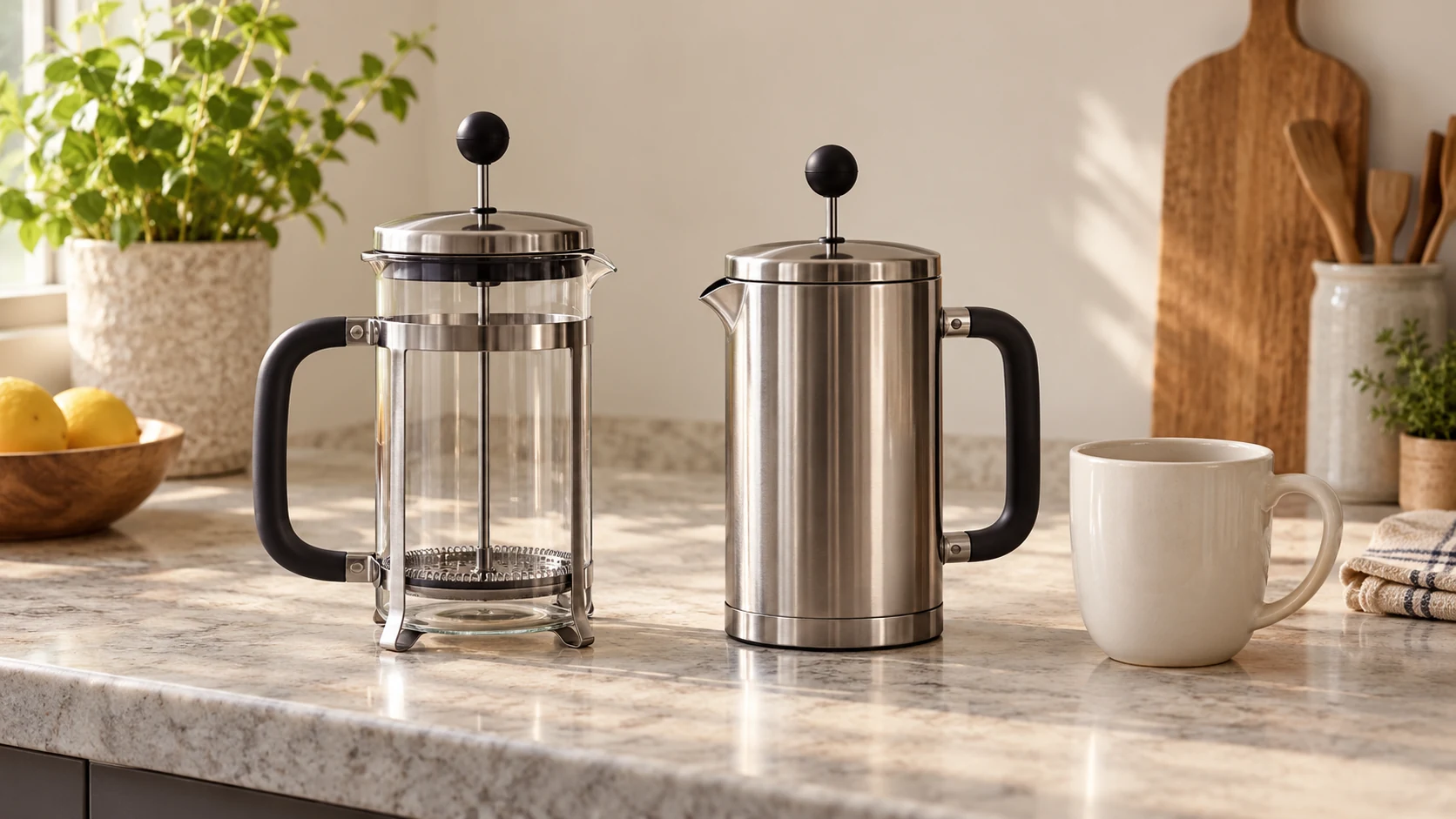 French press filtration terms illustrated by whole generic glass and steel presses beside an empty cup.