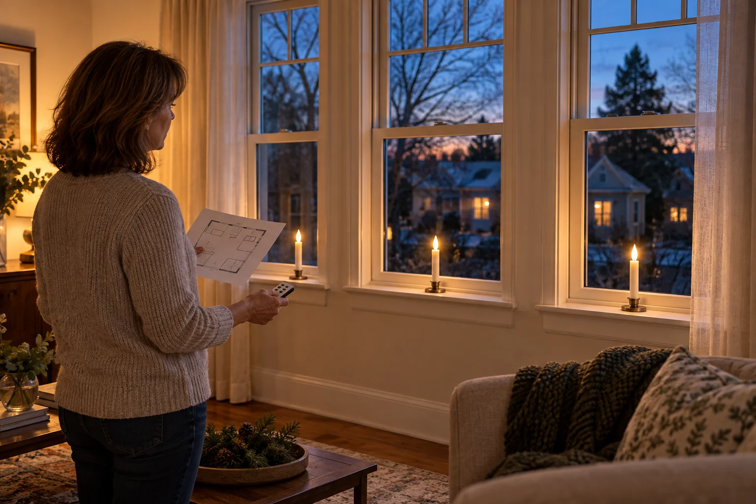 Holiday window candle display plan as a person reviews three candlelit window sills at dusk with a placement sketch and remote.