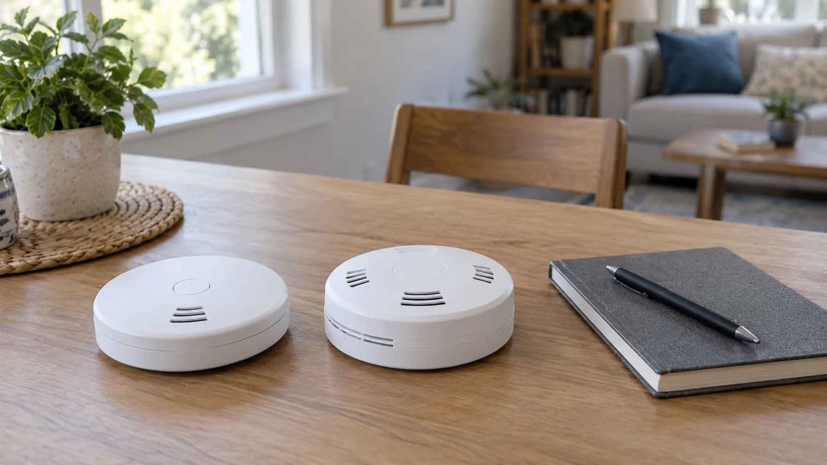 Smoke alarm maintenance illustrated by two whole generic closed white alarms beside a notebook on a desk.
