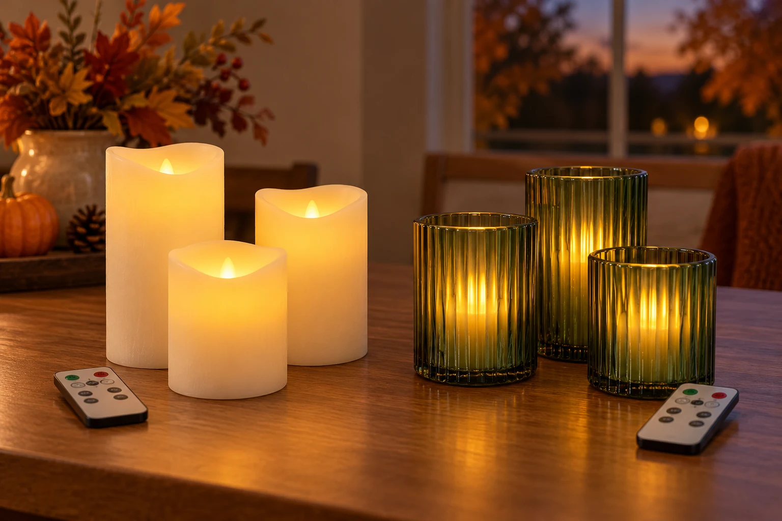Flameless candle remote controls beside white pillars and green glass candles, illustrating timer and light-mode choices for an indoor seasonal evening